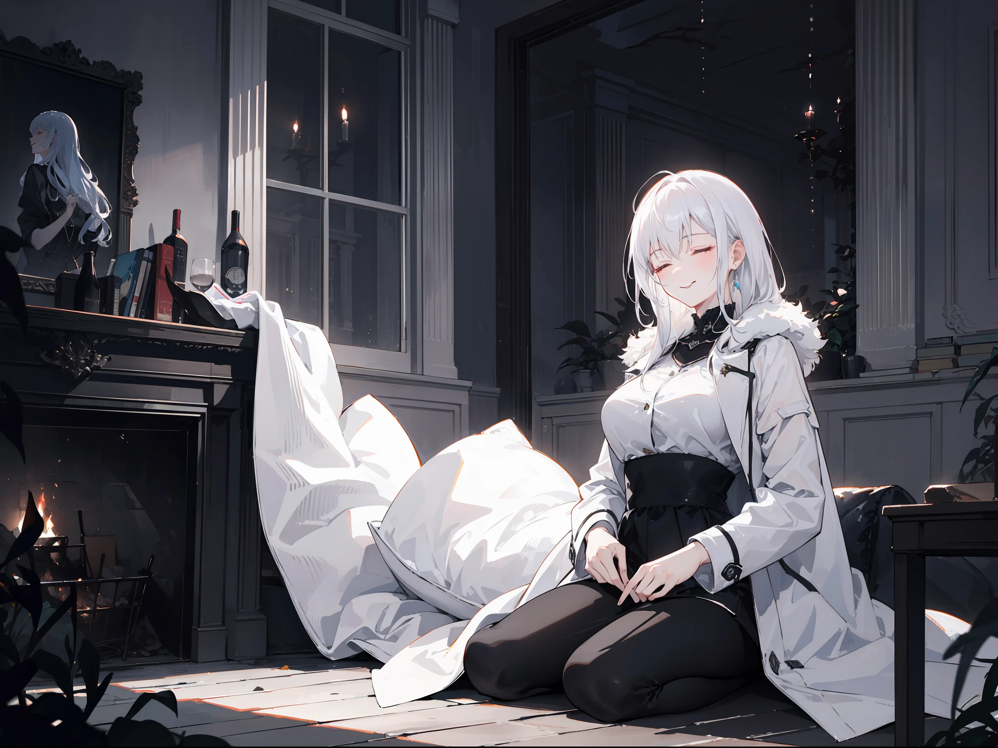 "Epic dark atmosphere, stunning 4k artwork featuring a mature woman with confident long white hair and her two closed eyes with harm smile, she wear white dirty coat, and sit on floor"