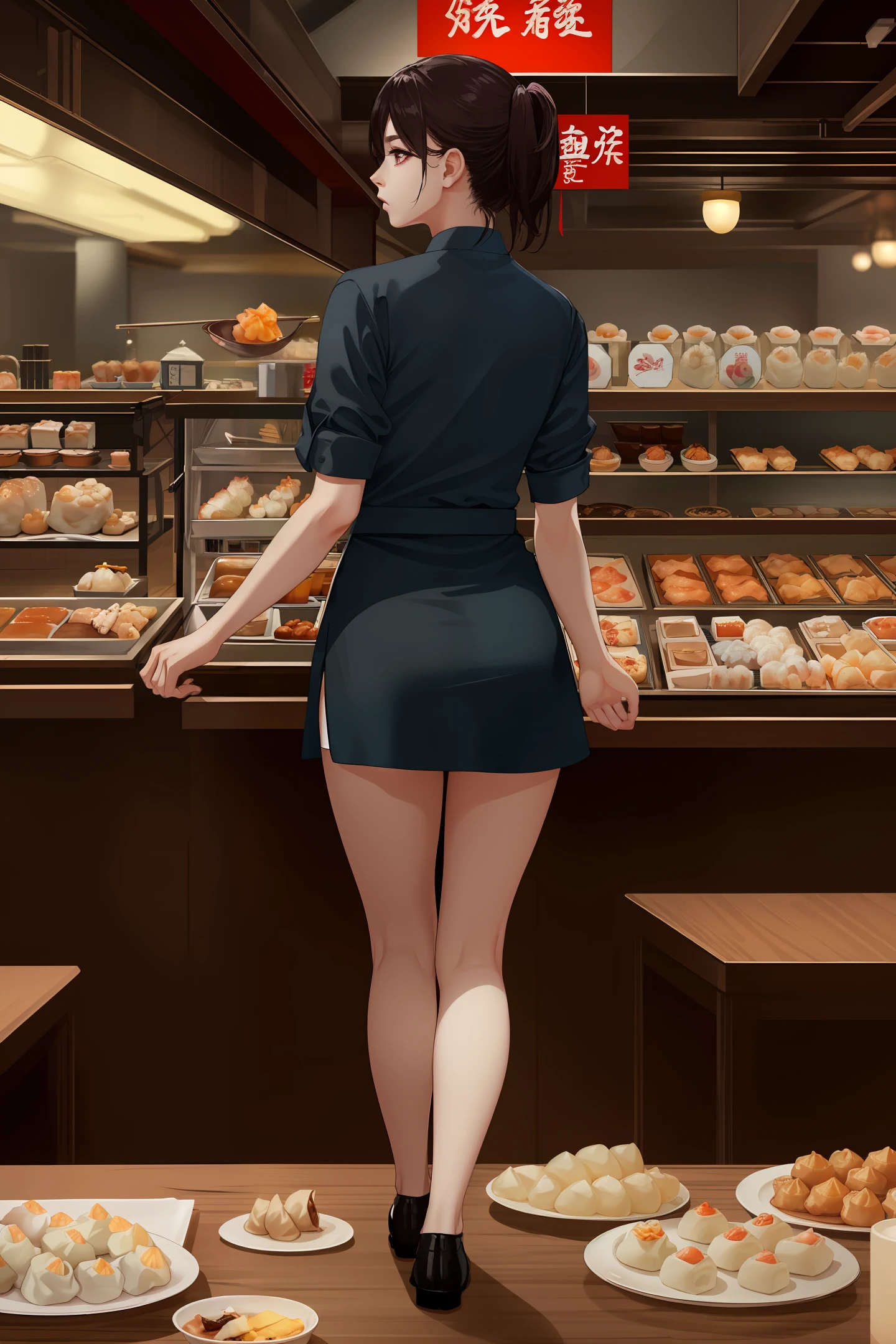 Top Quality, Masterpiece, Photorealistic, 8K, 4K, Ultra High Resolution, Dynamic Lighting, Real Lighting, ULZZANG-6500-V1. 1:1.2, waitress facing back, holding dim sum, cheongsam, panties, chinese restaurant background