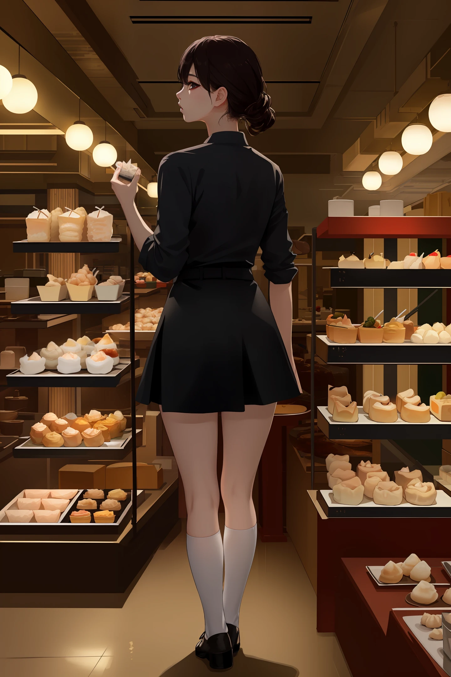 Top Quality, Masterpiece, Photorealistic, 8K, 4K, Ultra High Resolution, Dynamic Lighting, Real Lighting, ULZZANG-6500-V1. 1:1.2, waitress facing back, holding dim sum, cheongsam, panties, chinese restaurant background