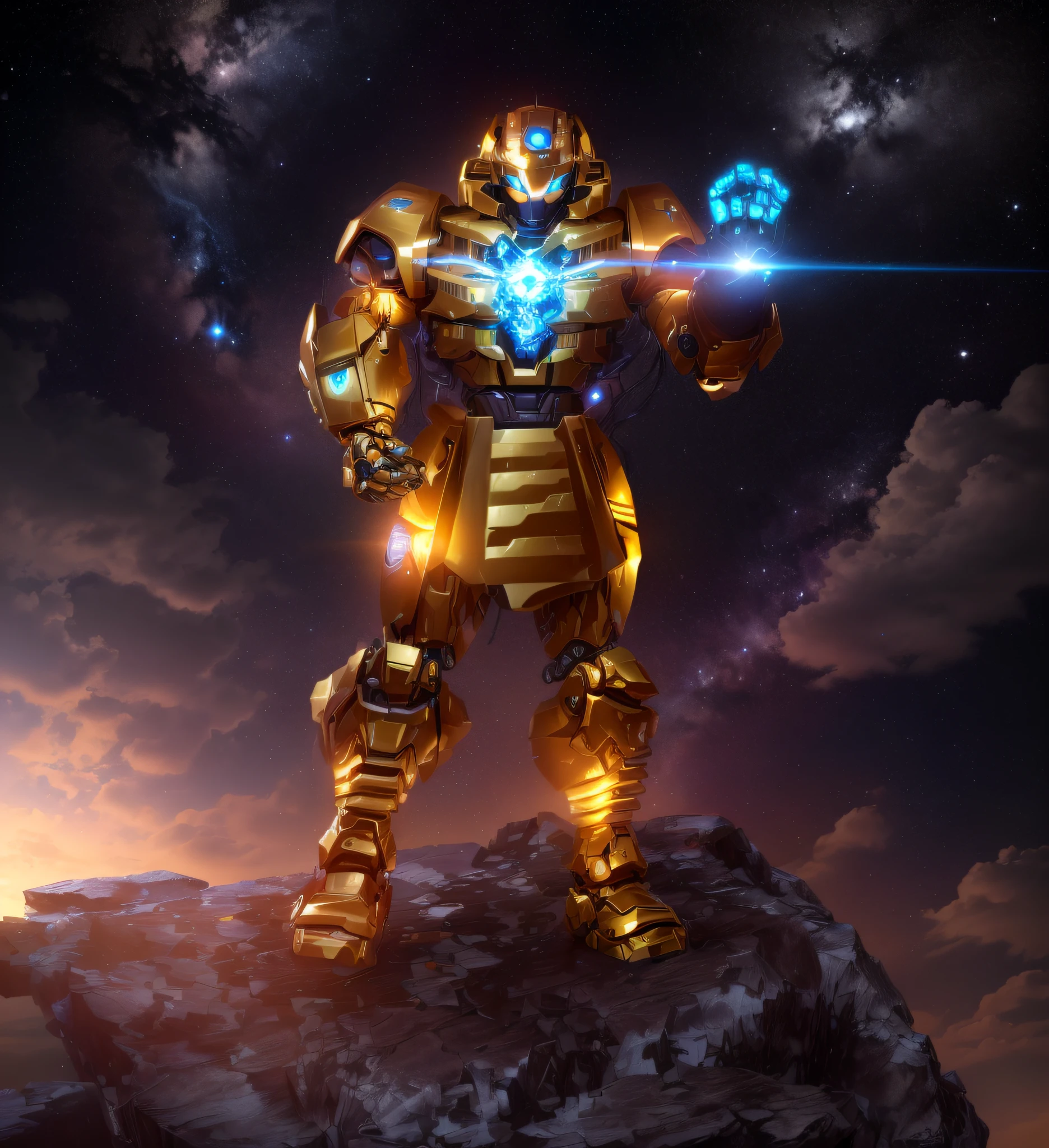 there is a robot that is standing on a rock with a glowing arm, intrincada armadura mecha brilhante, mecha amarelo keetongu bionicle, luzes brilhantes na armadura, the golden humanoid robot, traje espacial brilhante, Ouro Sci - Armadura de Fi:, paladino de ouro, wario as the armored titan, detailed cosmic angelic robot, unreal motor render saint seiya