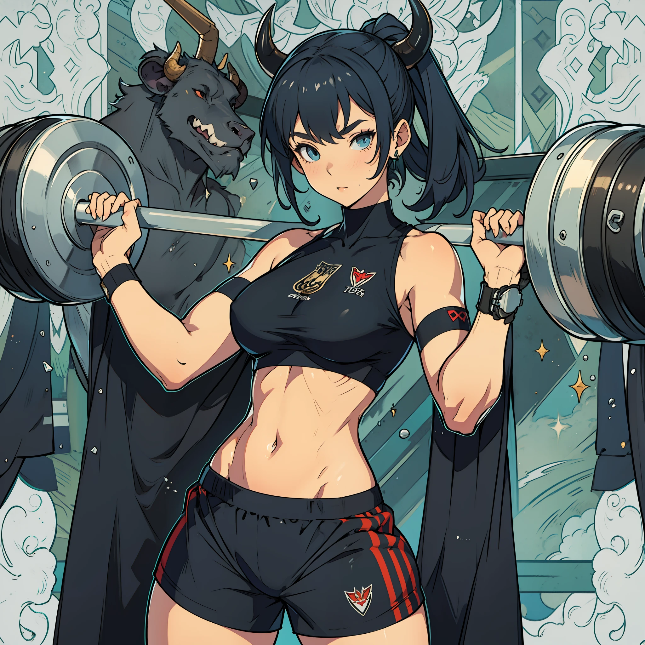 Gothic bull girl doing gym with clothes full of accessories