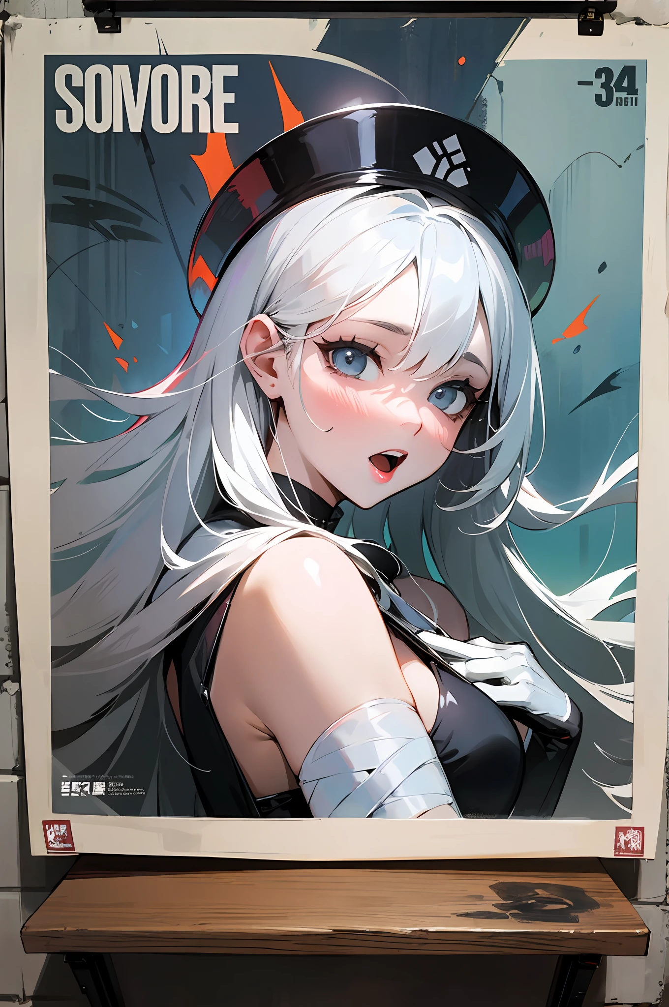 (best illustration, 巨作),Black and white performance,Poster style,Sexy girl with long white hair,streetart.