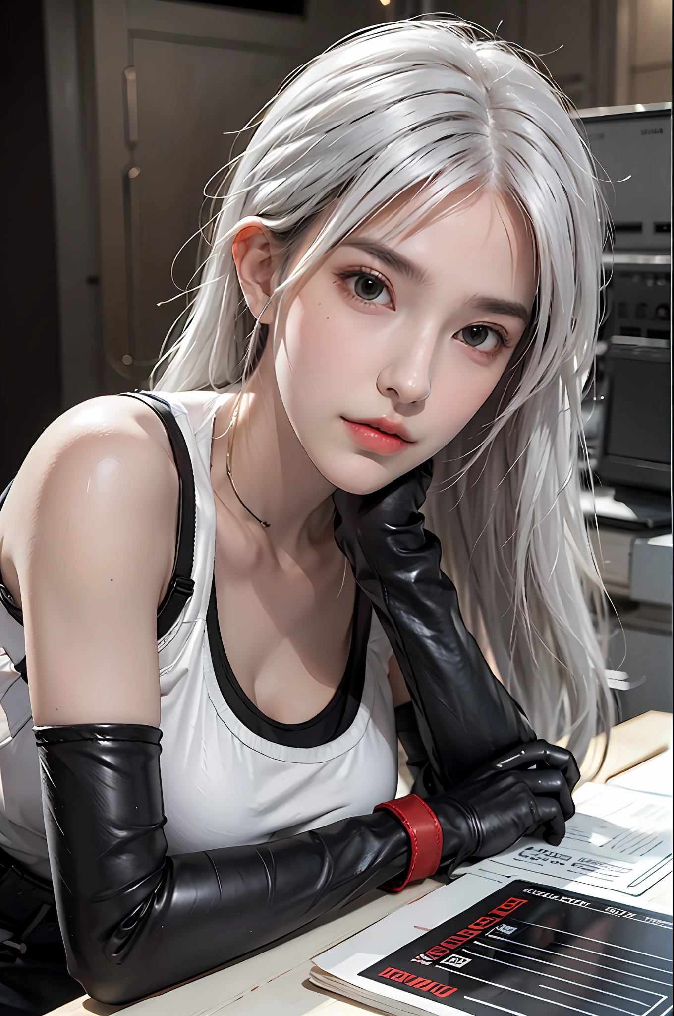 photorealistic, high resolution, 1 girl, solo, white hair, hips up, tifa lockhart, final fantasy vii remake, white tank top, elbow gloves, single elbow pad, head rest, fingerless gloves, gloves,