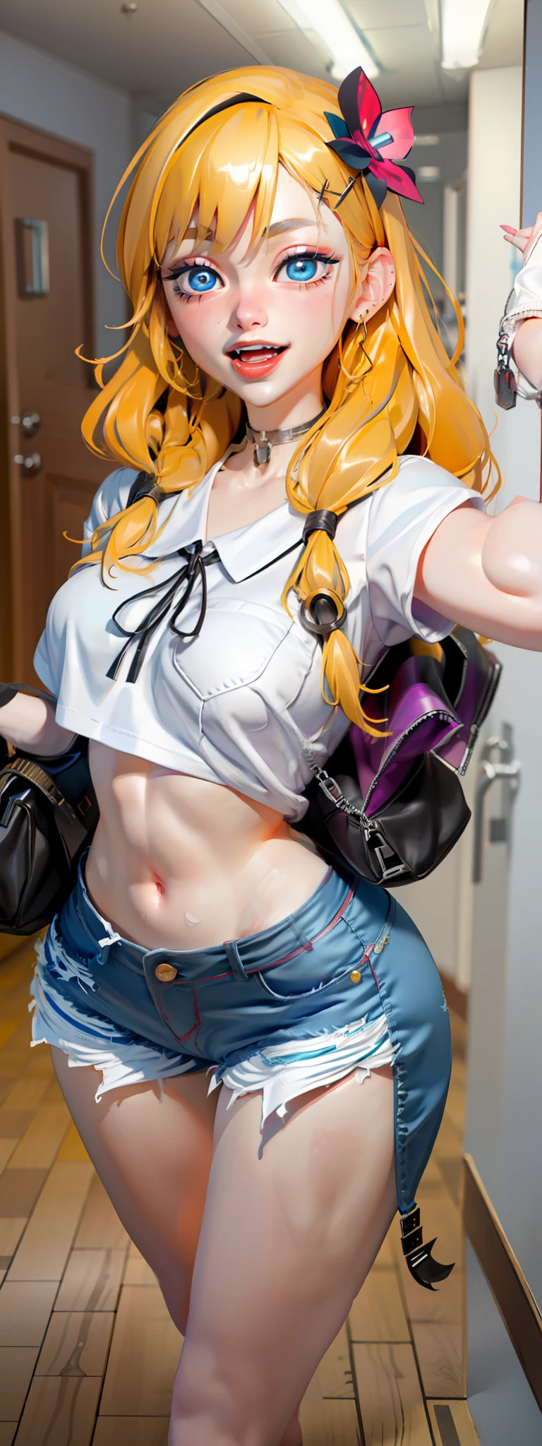 best quality,ultra-detailed,high resolution,extremely detailed cg,anime picture,unity 8k wallpaper,
blond hair,blue eyes,long hair,ripped shorts,white shirt,purse,navel,looking at viewer,hair ornament,smile,pov doorway,open mouth,denim,x hair ornament,cyberpunk,