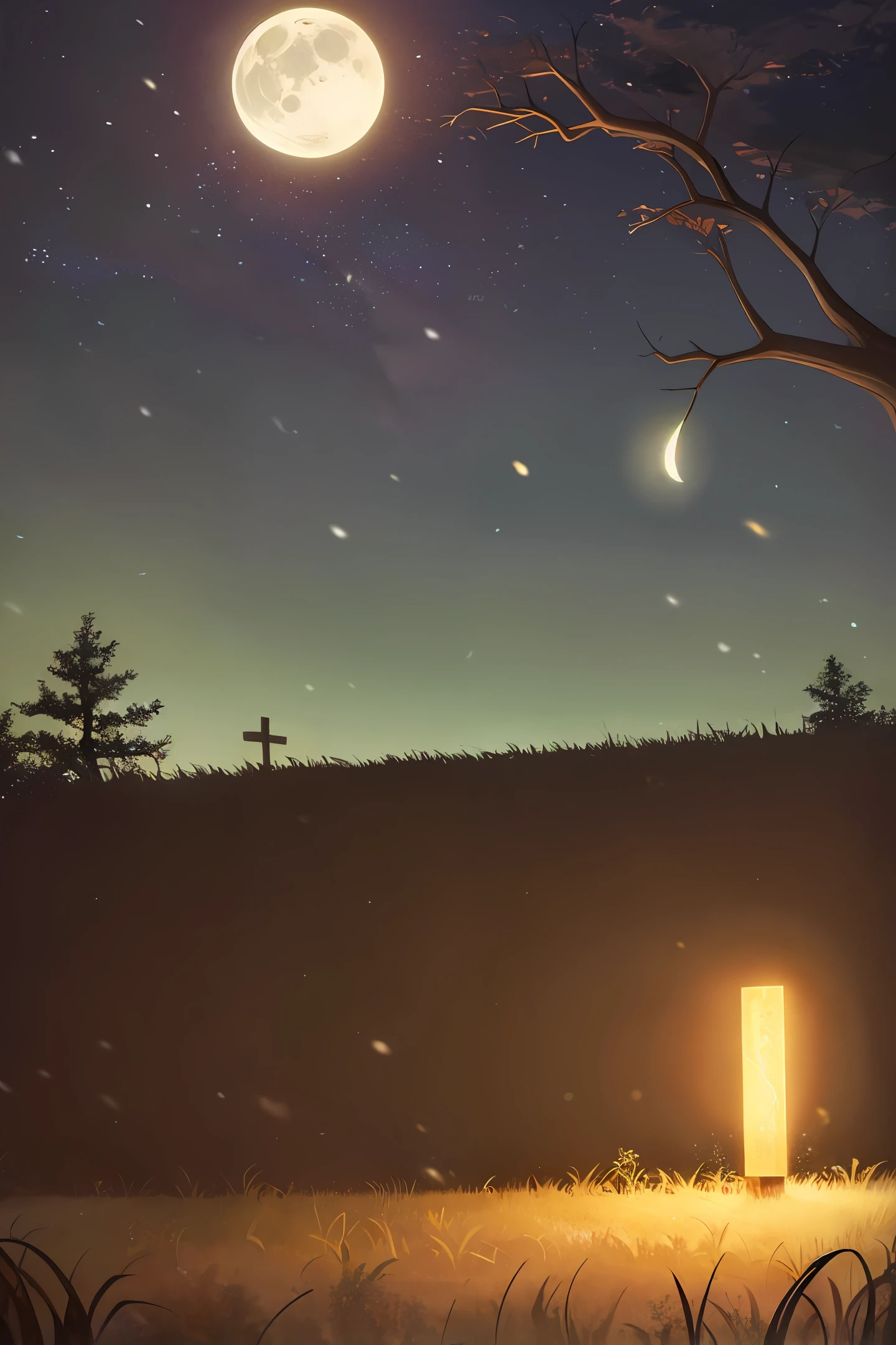 In the woods at night，The moon is high and bright，Next to it is dead wood，Quiet as a cemetery