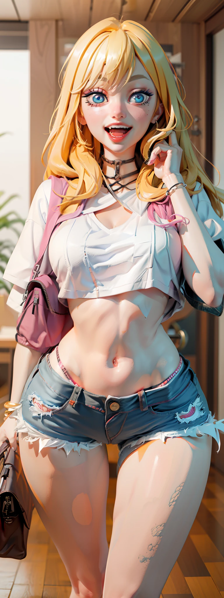 best quality,ultra-detailed,high resolution,extremely detailed cg,anime picture,unity 8k wallpaper,
blond hair,blue eyes,long hair,ripped shorts,white shirt,purse,navel,looking at viewer,hair ornament,smile,pov doorway,open mouth,denim,x hair ornament,cyberpunk,