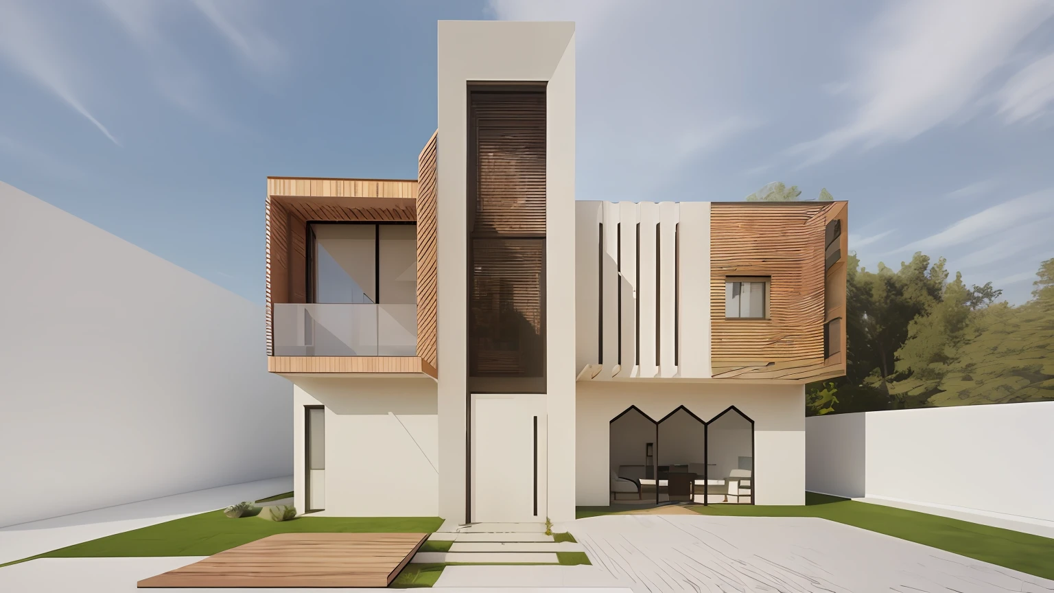 arafed modern house with a courtyard and a walkway, overall architectural design, design exterior, Villa Interdimensional, 3D rendering, 3D-rendering, Casa Conceito, projeto residencial, architectural concept, architectural render, realism rendering, architectural visualisation, architectural 3 d render, contemporary design, architecture rendering, front view dramatic, render to resolute perfection, architectural concepts