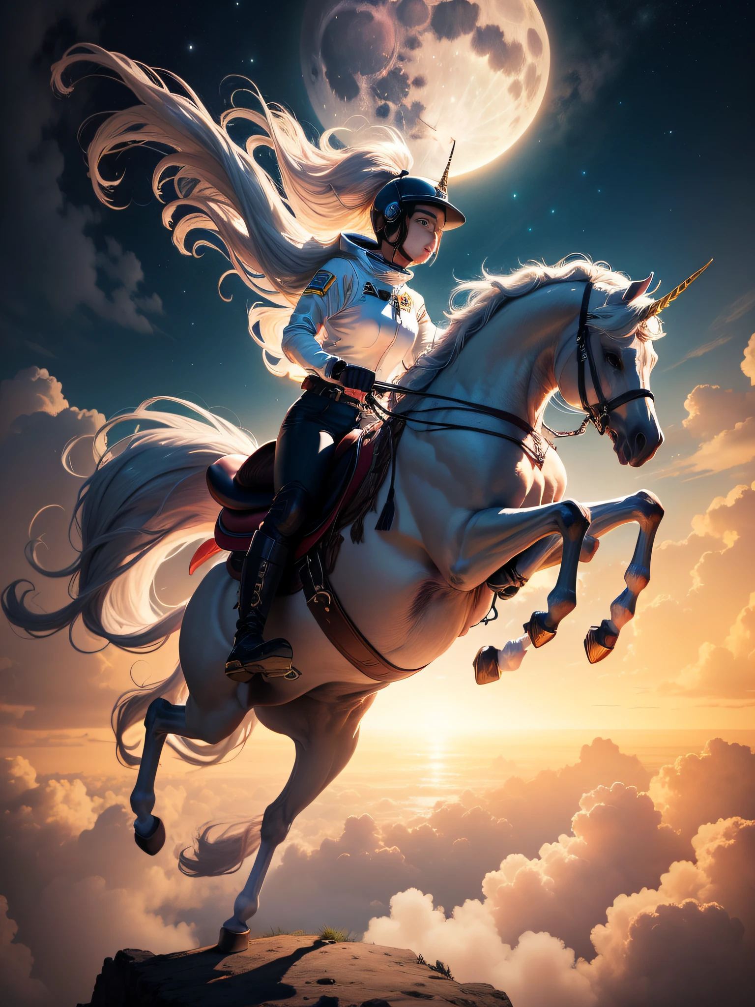 there is a woman riding a horse in the sky with a full moon, woman riding a flying unicorn, Andar a cavalo na lua, unicorn flying in the sky, riding in the sky, keanu reaves riding a unicorn, cavalo Michael, vladimir putin rides a unicorn, Pegasus, um astronauta montado em um cavalo, com cascos e asas, astronauta andando a cavalo
