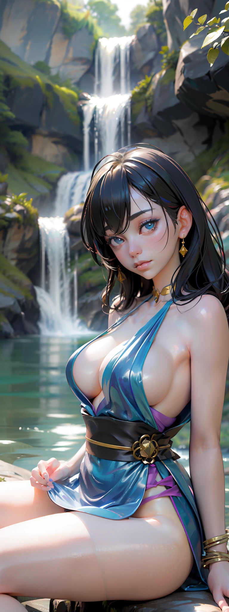 araffe woman in blue dress sitting on rock near a waterfall, photorealistic perfect body, goddess of Japan, seductive anime girls, hyperrealistic full figure, beautiful and seductive anime woman, trending at cgstation, Realistic young gravure idol, Breasts are large, realistic sensual gravure idol, beautiful goddess, Sexy girl, trending on cgstation, realistic shaded perfect body