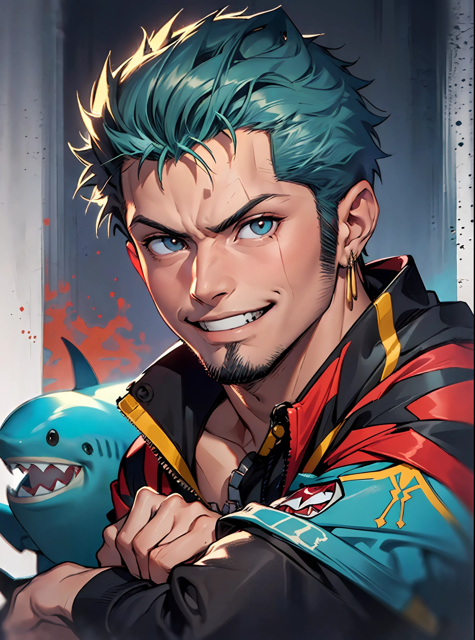 ((( Boy with serious look, Cor dos olhos Amarelos, smiling with shark teeth, cabelos compridos pretos))), folded arms, forte, Looking directly at the camera,1 homem, ((sem barba))