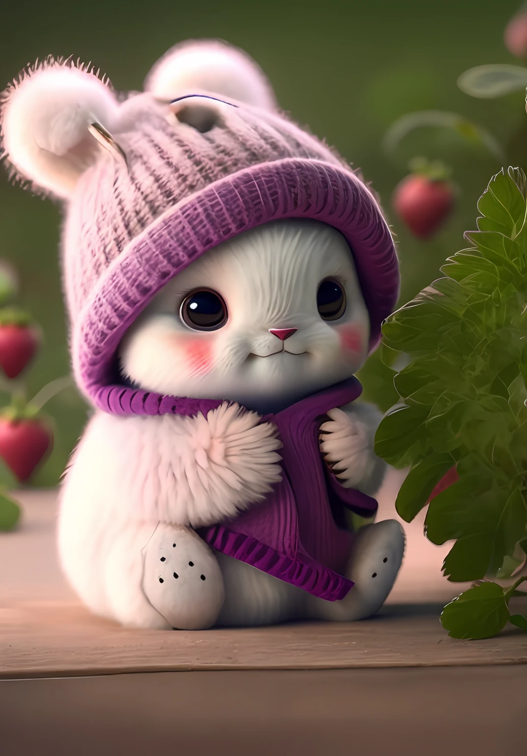 Teddy, realistic, hairy, clothed animal, plum, dark circles, blush, blueberry, food, fruit, full body, hat, non-human, strawberry, tomato, mango