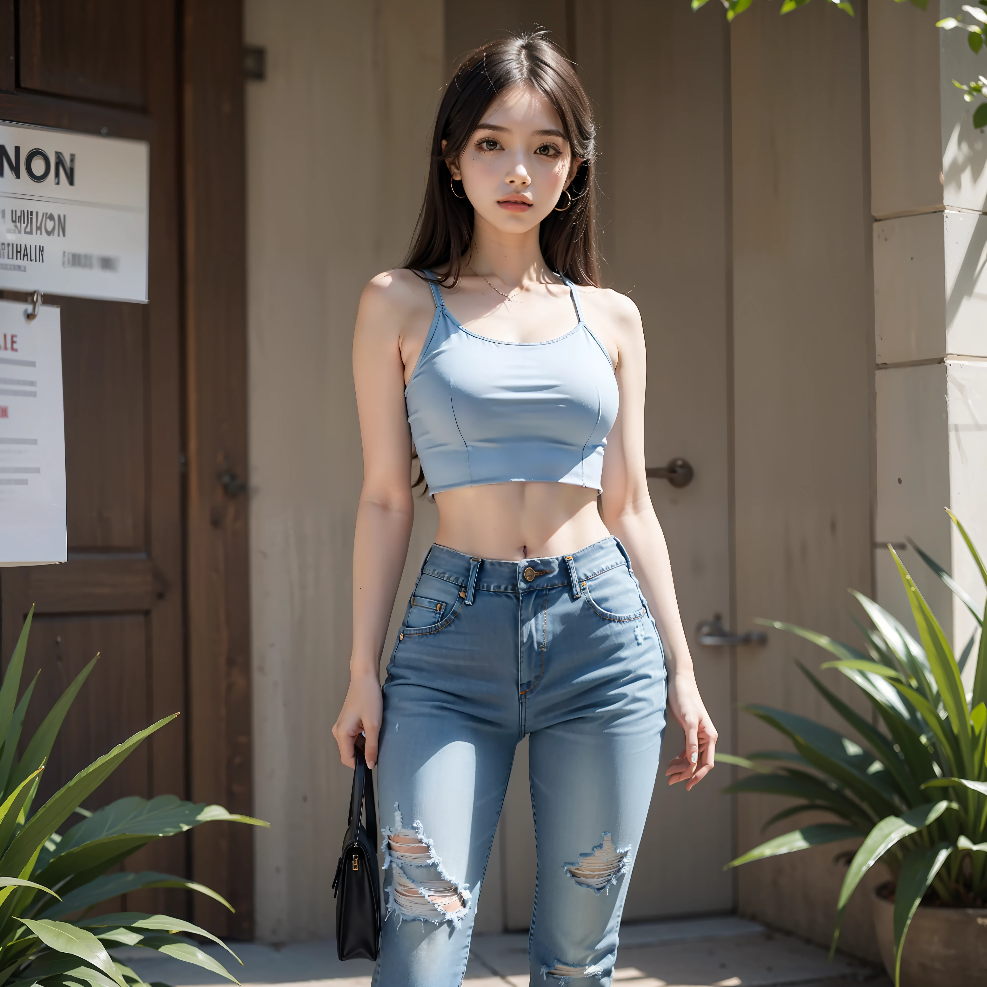 1 girl with jeans and crop top, full body