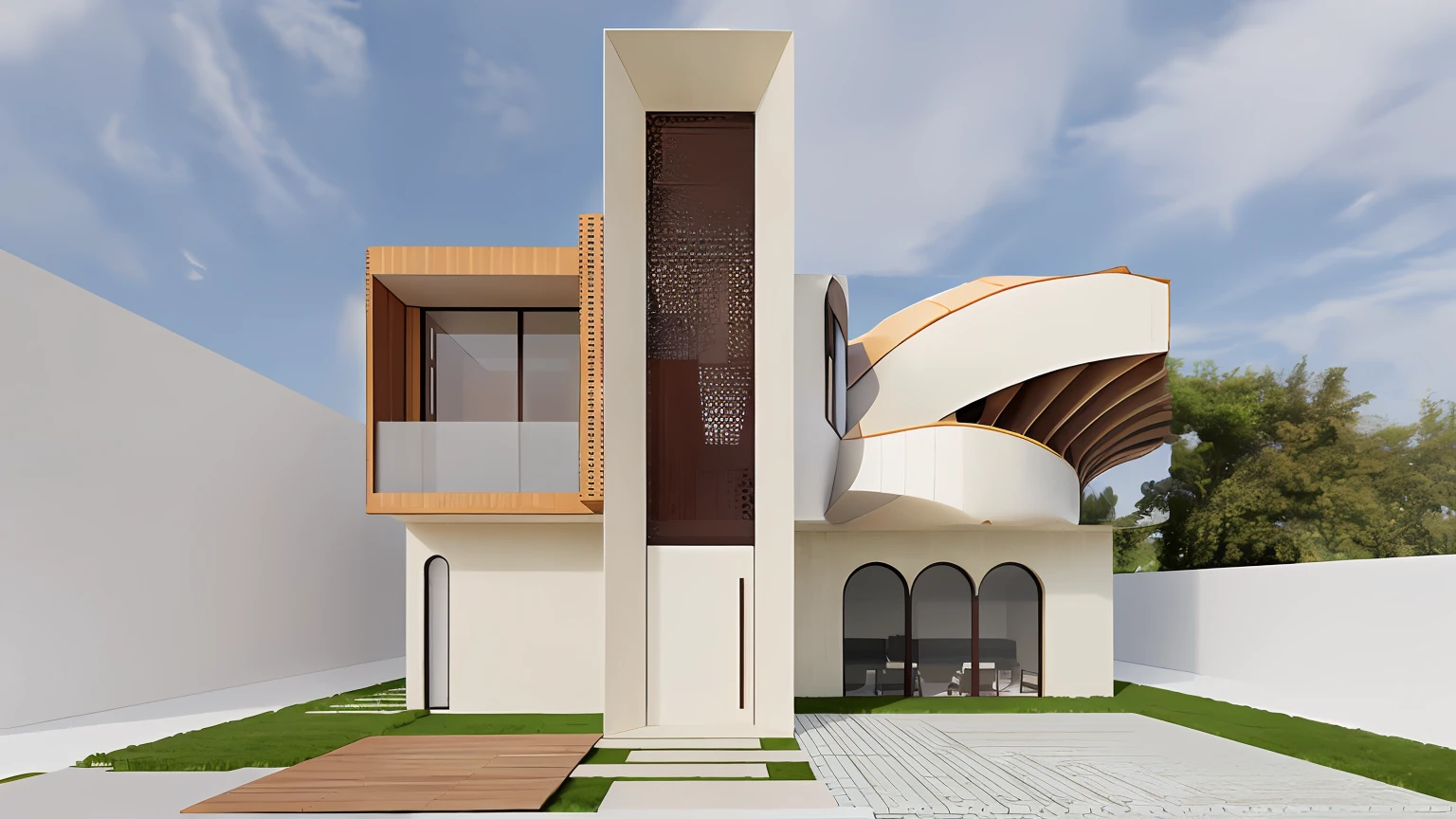 Create a curved parametric shell with complex shape like a roof, parametric architecture, rasgo na estrutura, foto realismo