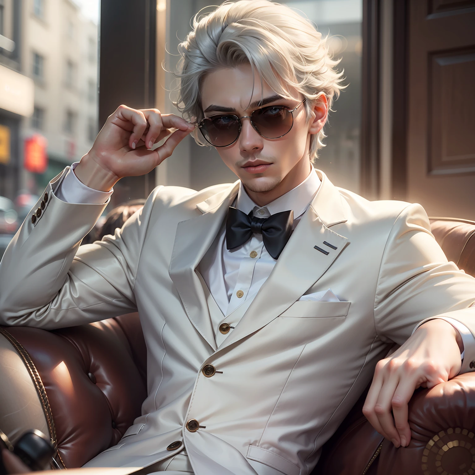 1 boy, silver-haired, white suit, 20s. Sunglasses.