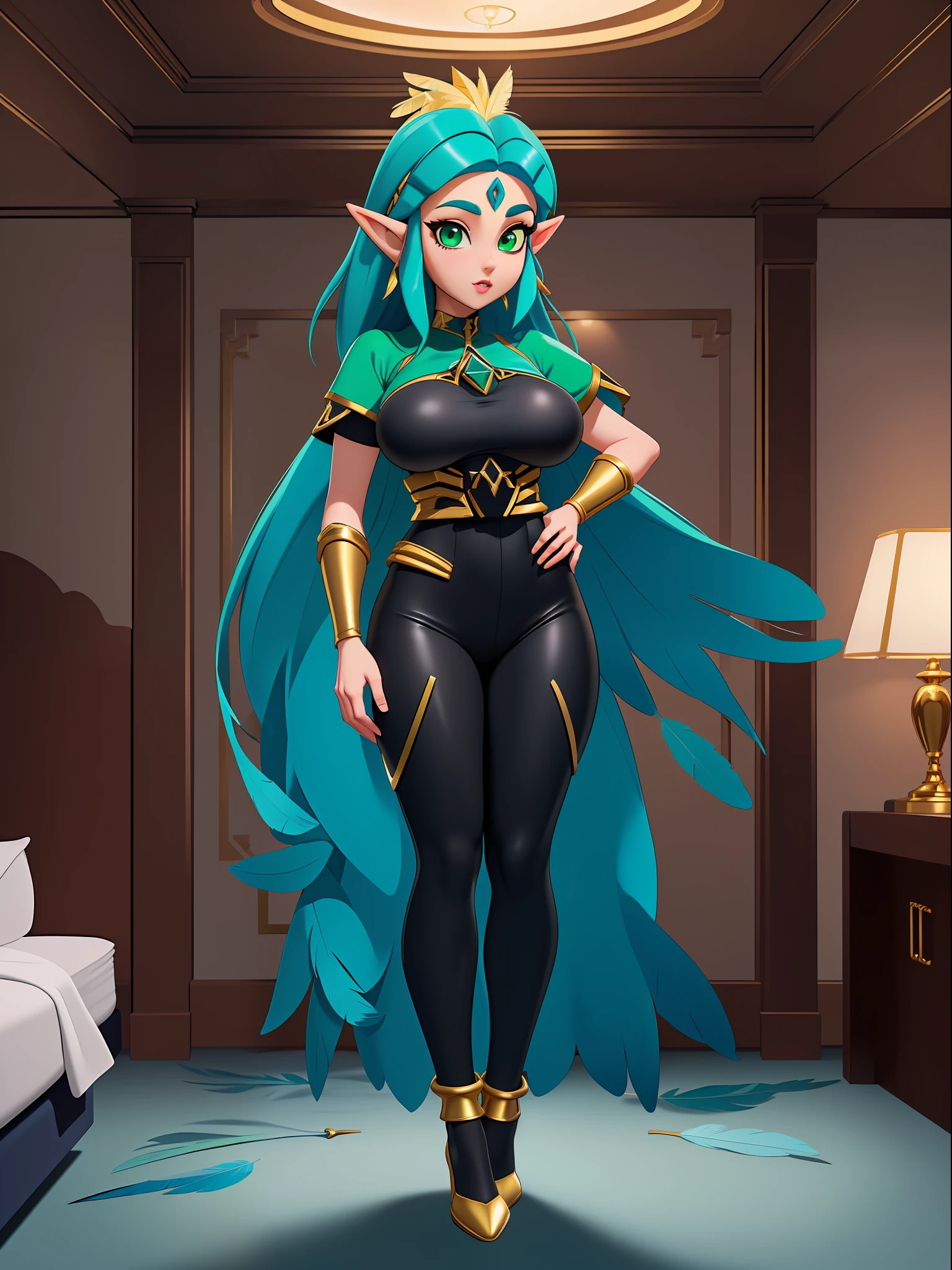 ((full body):1.5), {((Princess Zelda))}, {((wearing a futuristic black outfit with gold trim))}, {Princess Zelda has (((very short blue mohawk hair, green eyes ))), ((has extremely gigantic breasts))}, she is looking at the viewer, {((feather squeezing))}, ((is doing erotic poses))}, {Background: (((this in a hotel room with 3 men looking at her)))}