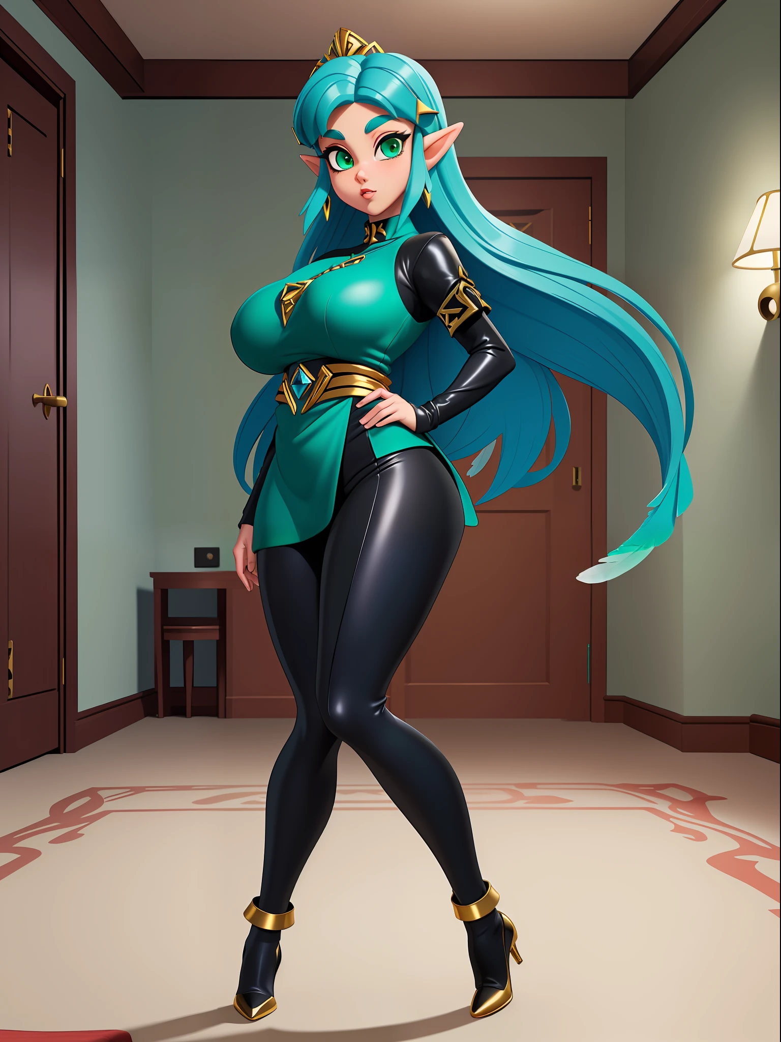 ((full body):1.5), {((Princess Zelda))}, {((wearing a futuristic black outfit with gold trim))}, {Princess Zelda has (((very short blue mohawk hair, green eyes ))), ((has extremely gigantic breasts))}, she is looking at the viewer, {((feather squeezing))}, ((is doing erotic poses))}, {Background: (((this in a hotel room with 3 men looking at her)))}