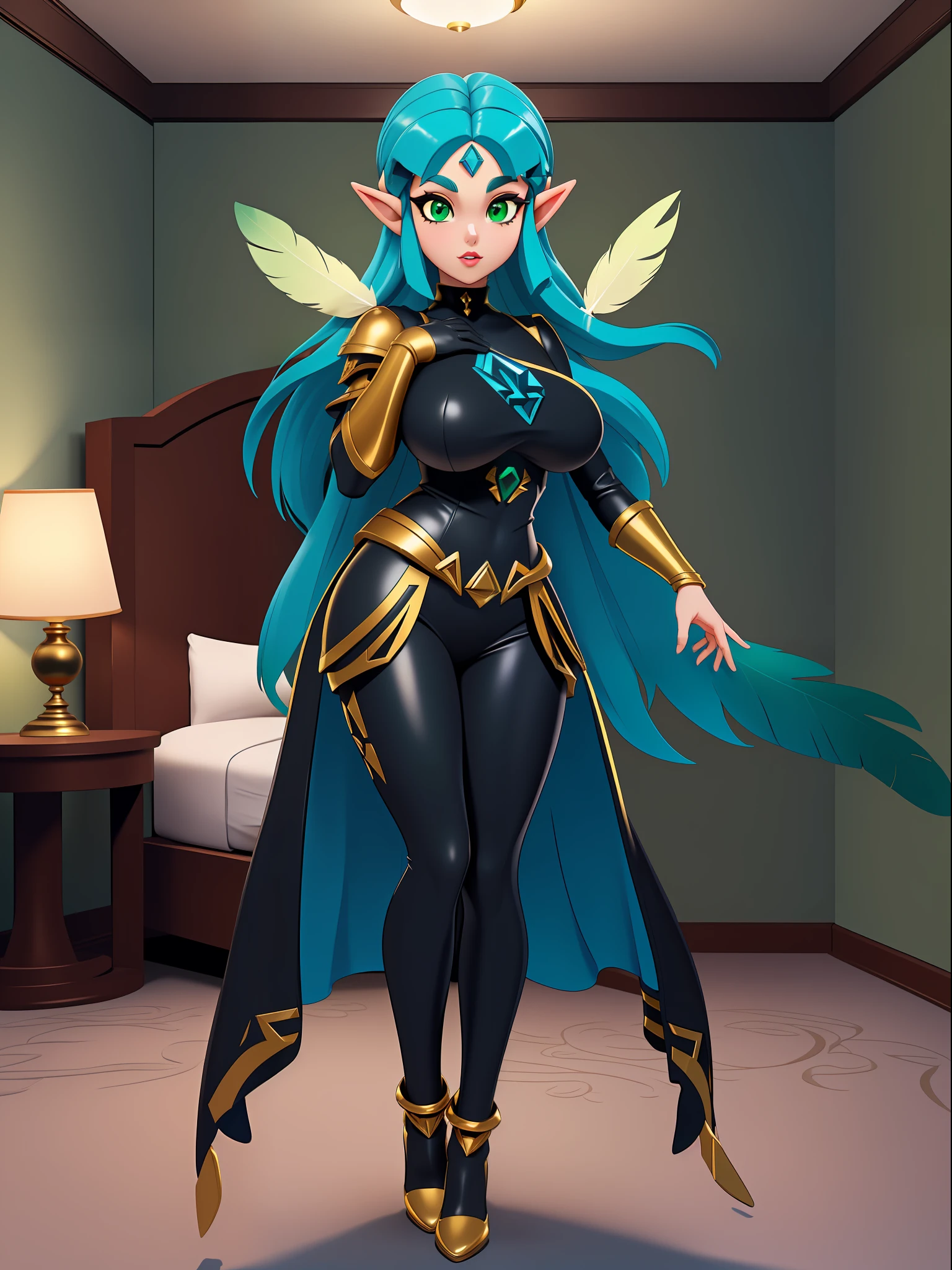 ((full body):1.5), {((Princess Zelda))}, {((wearing a futuristic black outfit with gold trim))}, {Princess Zelda has (((very short blue mohawk hair, green eyes ))), ((has extremely gigantic breasts))}, she is looking at the viewer, {((feather squeezing))}, ((is doing erotic poses))}, {Background: (((this in a hotel room with 3 men looking at her)))}