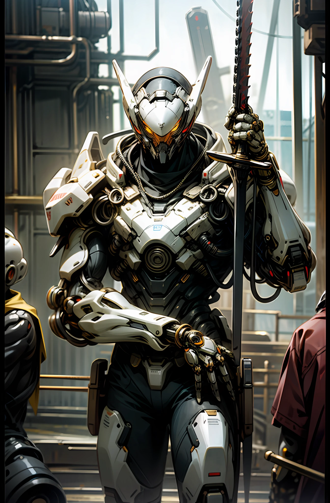 dark_fantasy,cyberpunked,(Chainsaw,Chain Man, white:1.1),1man,Mechanical marvel,Robotic presence,Cybernetic guardian, wearing a worn-out mech suit, intricate, (steel metal [rusty]), Elegant, Clear focus, shot by Greg Rutkowsky, Soft lighting, vibrant colours, master-piece, ((road)), cowboy shot, Dynamic Poses,Holding a black long sword.,Red White