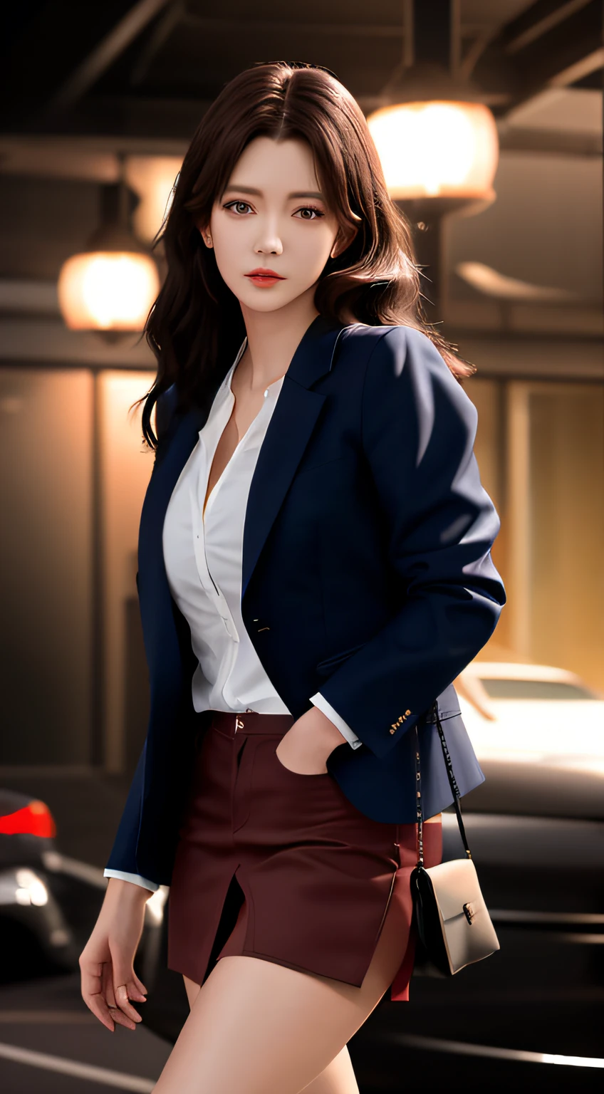 最好质量, 巨作, 1girl in, Beautiful face, (photographrealistic:1.3), Rim Lighting, (High Detail Skins:1.2), 8K UHD, DSLR, highly quality, Hi-Def, 4K, 8K, bokeh dof, absurdist, best ratio four finger and one thumb, (realisic:1.3), pretty 1girl, Wearing a red formal blazer, middlebreasts, a short skirt,