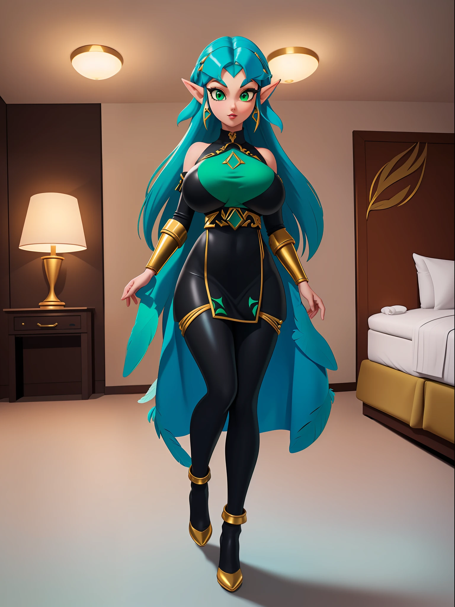 ((full body):1.5), {((Princess Zelda))}, {((wearing a futuristic black outfit with gold trim))}, {Princess Zelda has (((very short blue mohawk hair, green eyes ))), ((has extremely gigantic breasts))}, she is looking at the viewer, {((feather squeezing))}, ((is doing erotic poses))}, {Background: (((this in a hotel room with 3 men looking at her)))}