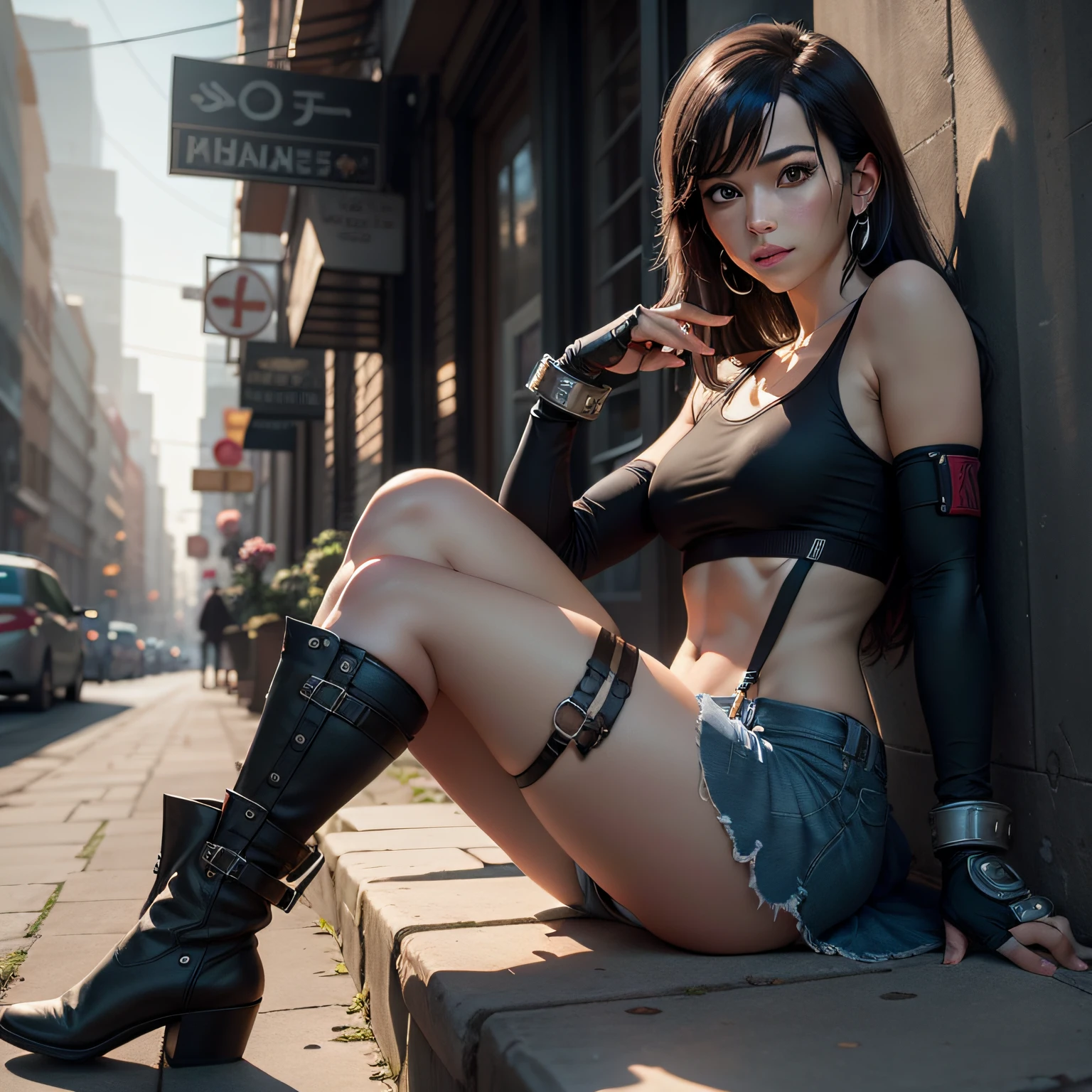 (8k, best quality, masterpiece:1.2), (realistic, photo-realistic:1.37), ultra-detailed,
A detailed portrait of Tifa Lockhart from Final Fantasy VII Remake sitting at a detailed cafe in the cityscape on a date, looking cute and solo with beautiful detailed eyes and a nose blush. She wears a single elbow pad, ankle boots, a black skirt, black thigh-highs, and red boots, along with elbow gloves, elbow pads, and fingerless gloves. Her outfit includes a sports bra, suspender skirt, thigh-highs, and a white tank top. Her full body is visible with her head resting on her hand, showcasing her pretty face, low-tied long hair, and lips. The scene is illuminated with professional lighting, photon mapping, and radiosity, with Tetsuya Nomura Style and a cyber-futuristic feel. The background features yellow flowers and a bokeh effect. Tifa has a small smile and closed mouth.