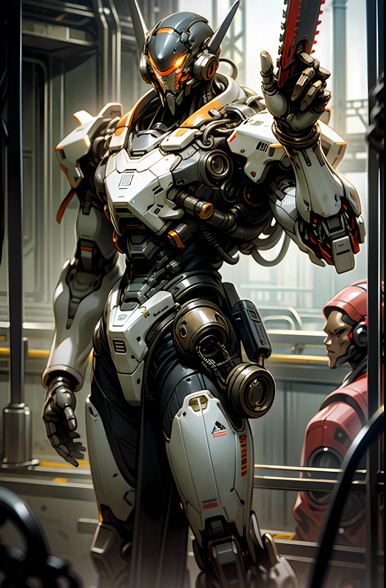 dark_fantasy,cyberpunked,(Chainsaw,Chain Man, white:1.1),1man,Mechanical marvel,Robotic presence,Cybernetic guardian, wearing a worn-out mech suit, intricate, (steel metal [rusty]), Elegant, Clear focus, shot by Greg Rutkowsky, Soft lighting, vibrant colours, master-piece, ((road)), cowboy shot, Dynamic Poses,Holding a black long sword.,Red White