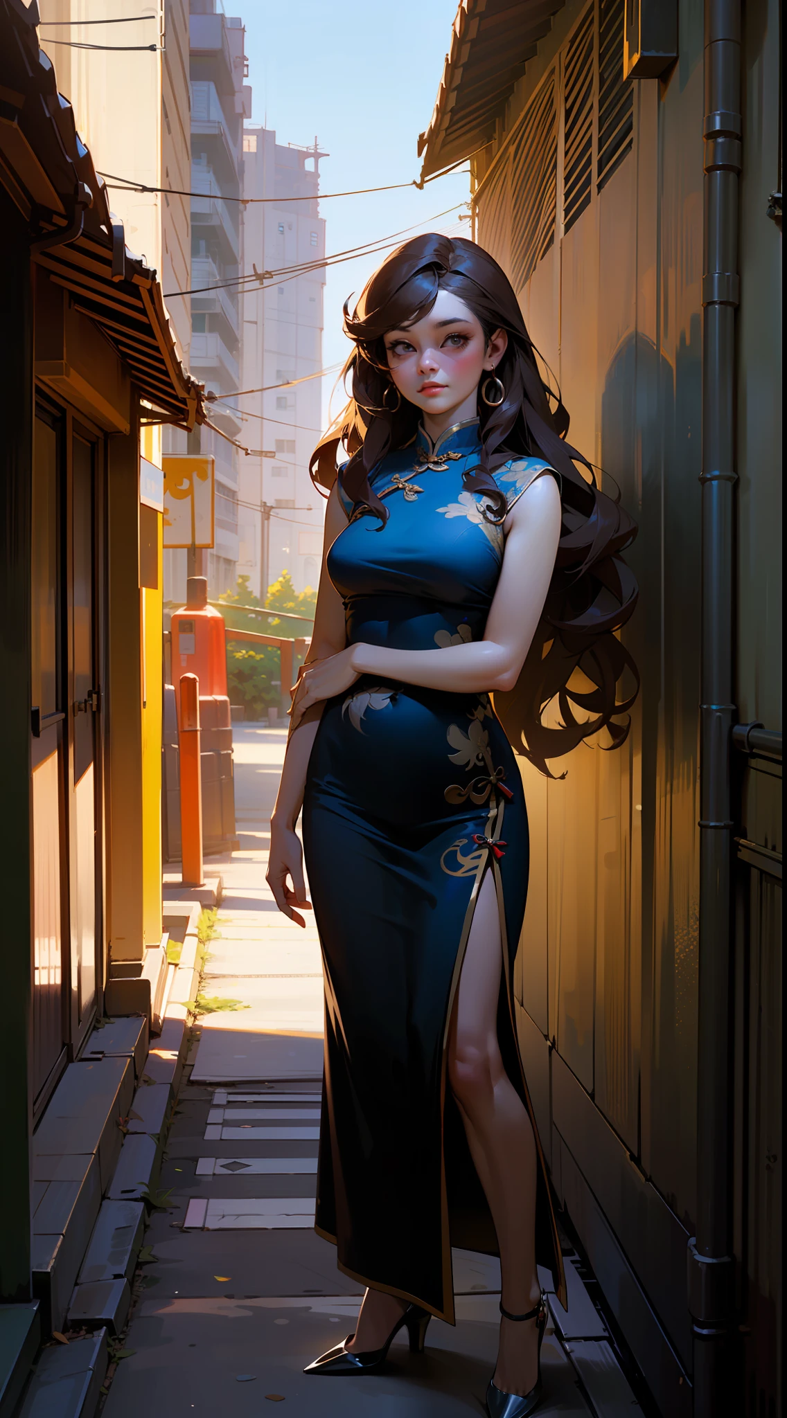 ((Realistic lighting, optimal quality, 8K, masterpaintings:1.3)),( sharp fokus:1.2), Girl Huge breasts, (Beautiful Women with Perfect Figure:1.4),Slim,(((body complet:1.1))), ((long and dark brown hair)),((length hair)) ,((ringlets)),(Gradient cheongsam:1.4),(talons),(exteriors,during night:1.1),urban street,High-rise buildings and deep alleys,Ultra-fine face,Fine eyes,双眼皮,