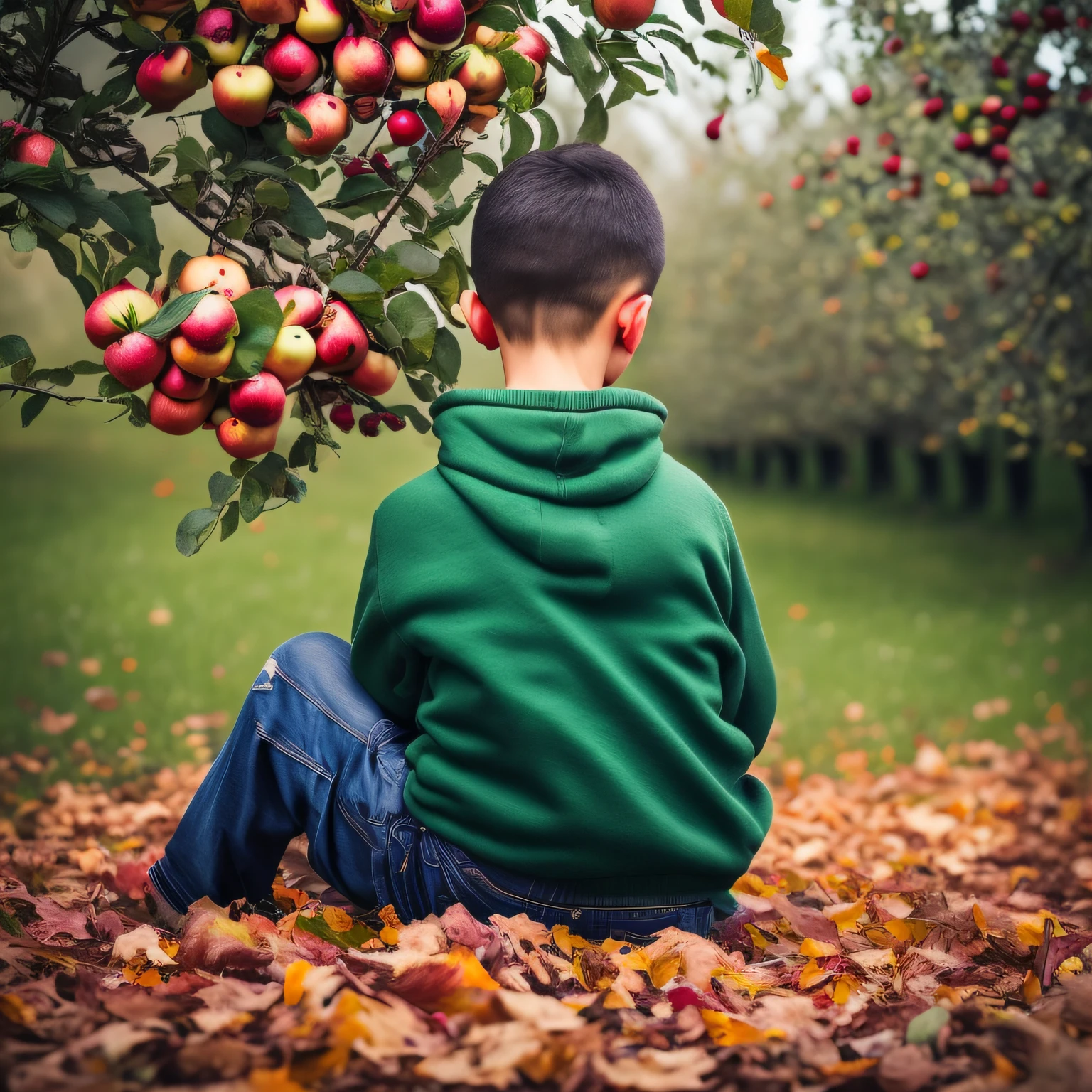 Boy alone sitting next to a tree, apple tree, full of apples. --auto