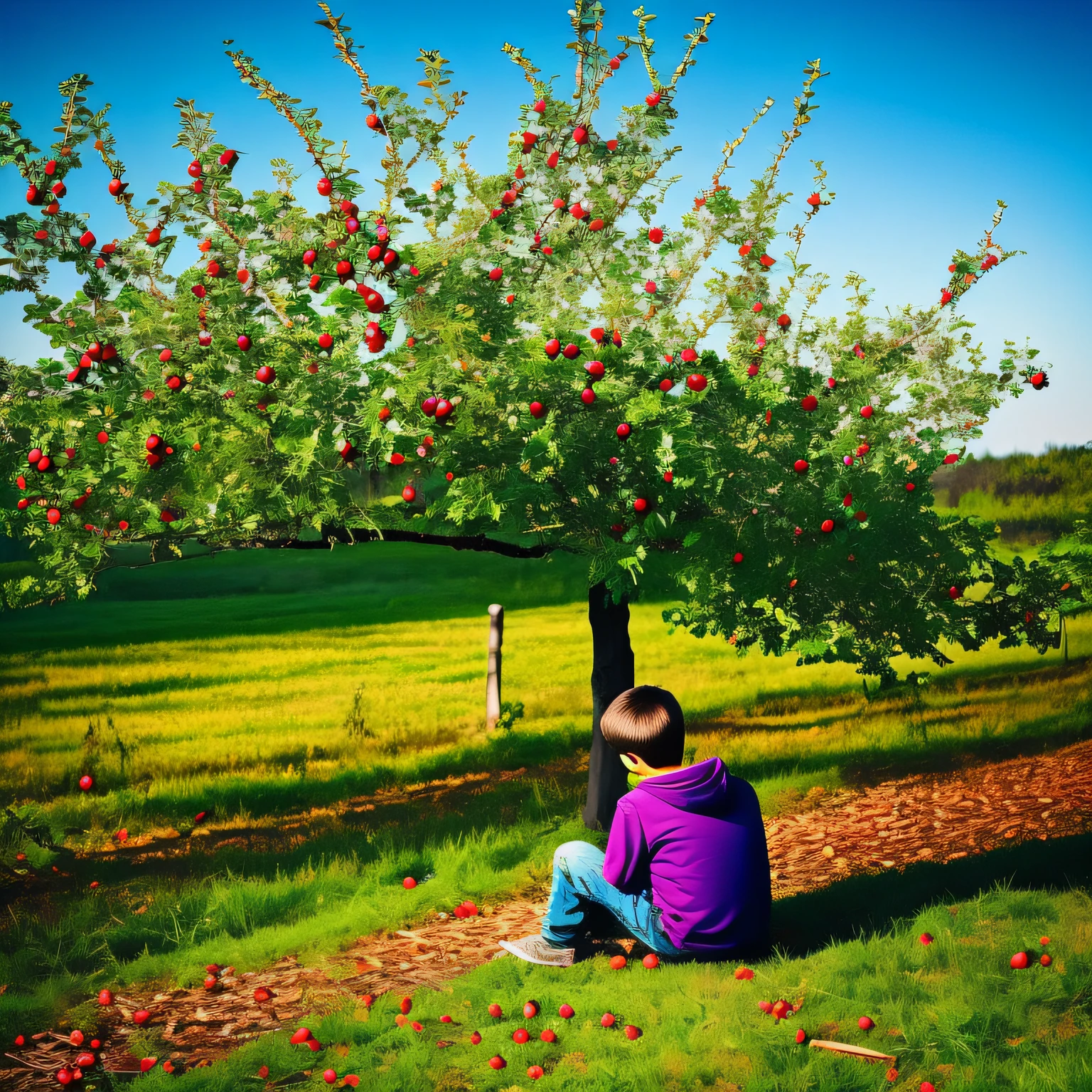 Boy alone sitting next to a tree, apple tree, full of apples. --auto