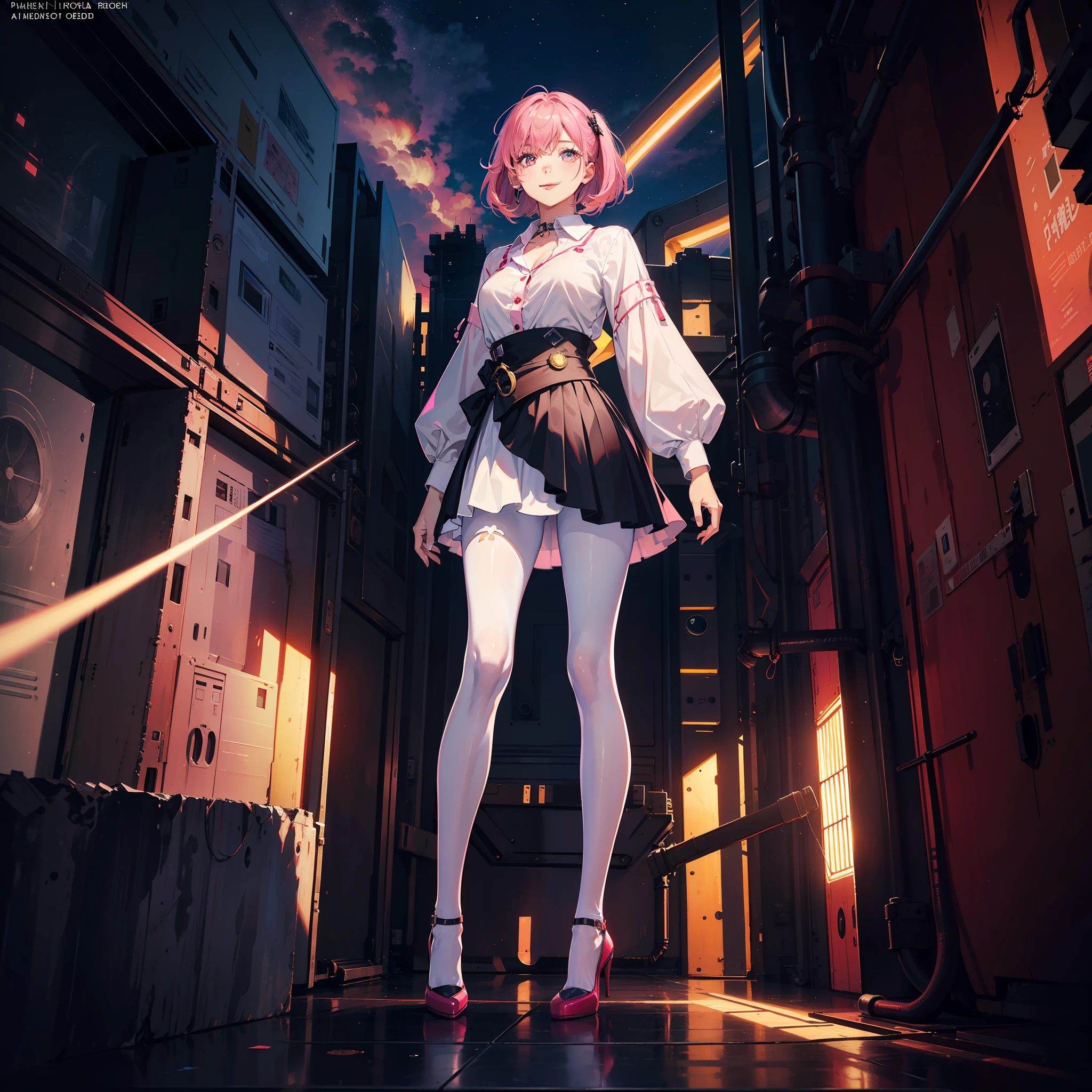 best quality,pink hair,  masterpiece, (photorealistic:1.4), 1girl, light smile, shirt with collars, waist up, dramatic lighting, from below.,space elevator,White Pantyhose,shidudou,laser,moyou,yuzu,high heel,1 girl,machinery,, Mecha,