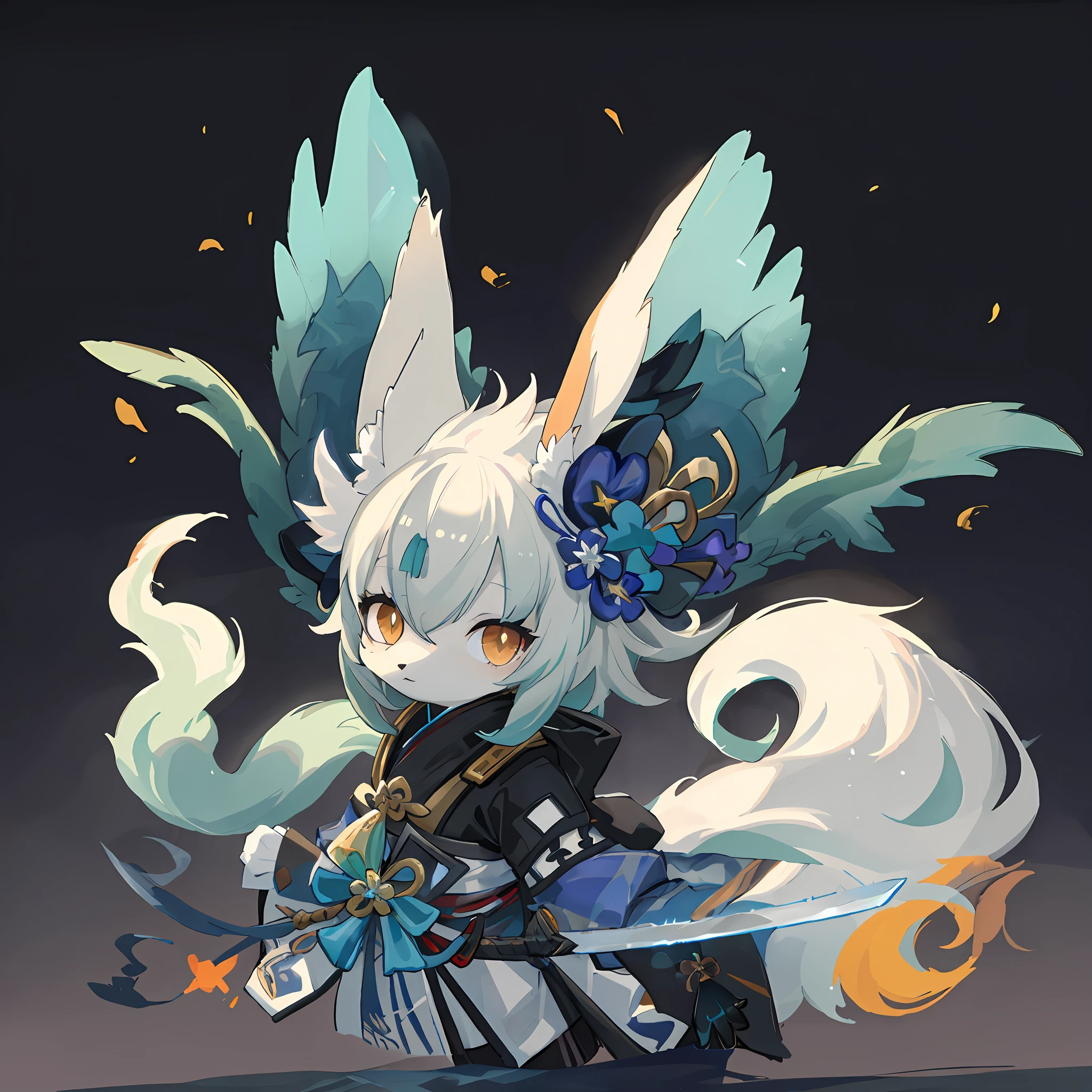anime character with a sword and wings on a dark background, Onmyoji detailed art, style of duelyst, onmyoji, from arknights, onmyoji portrait, genshin impact character, spirit fantasy concept art, 《genshinimpact》in the clear, Genshin Impact style, ethereal fox, arknights, zhongli from genshin impact