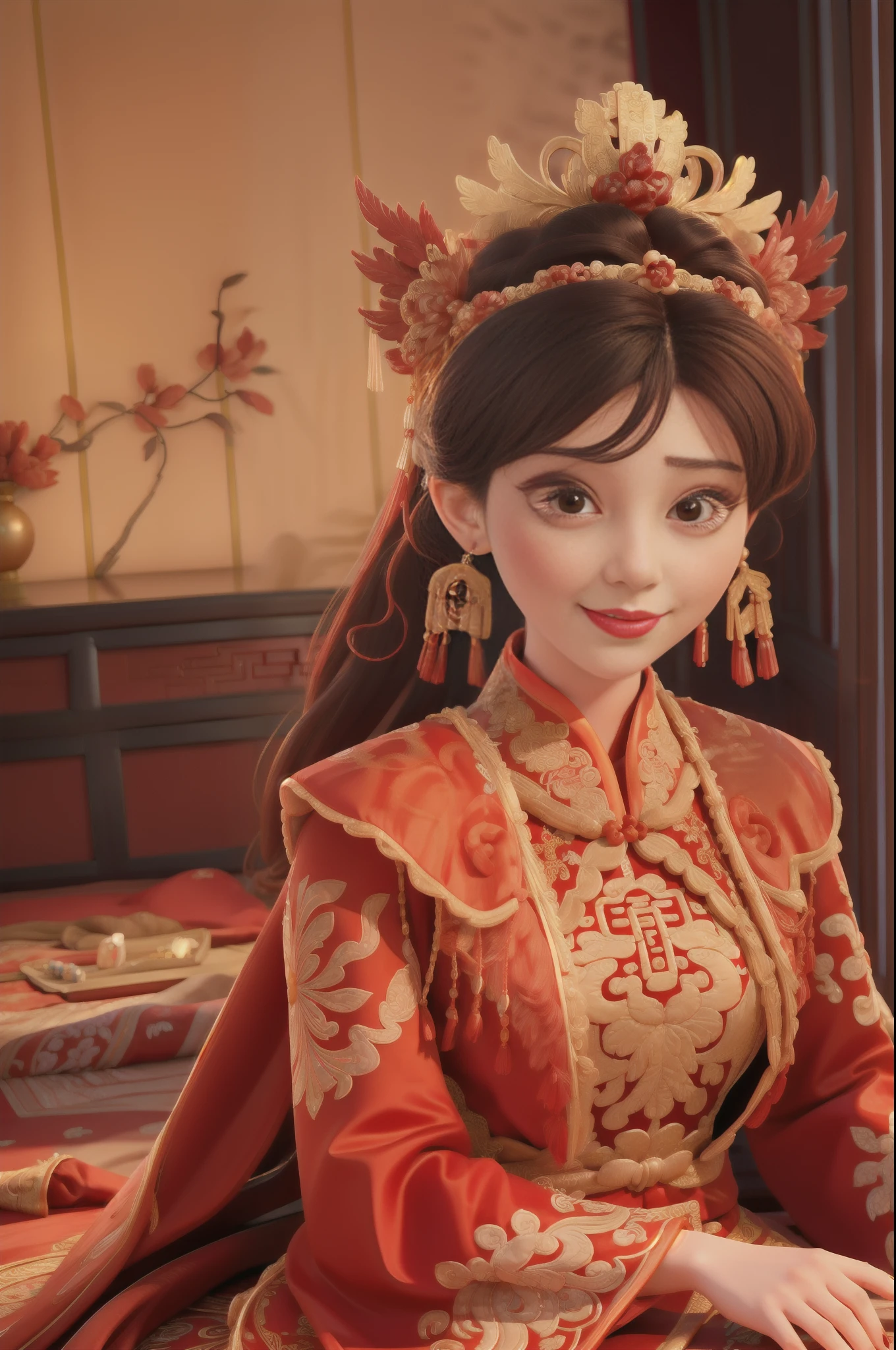 (ultra realistic 8k cg:1.2),Perfect artwork,delicate patterned,intrincadamente detalhado, (Unbeatable masterpiece,Best quality:1.2),(extremelyintricate:1.2),A woman in a red and gold dress, Phoenix crown,hair stick,(sitting on red bed),cosmetics,Blush,Shy,black_Hair, Looking down, cosmetics,(forehead dot),(2 red candles), Chinese_clothes, Curtains, Earrings, Hair_decorations, Hanfu, Indoors, jewelry, Red nails, Long_the sleeve, Red dress, Red lips, tassels, (Red quilt),(red palace:1.2),(Ancient Chinese architecture),(Red:1.8),Night,cinamtic lighting,Dark,