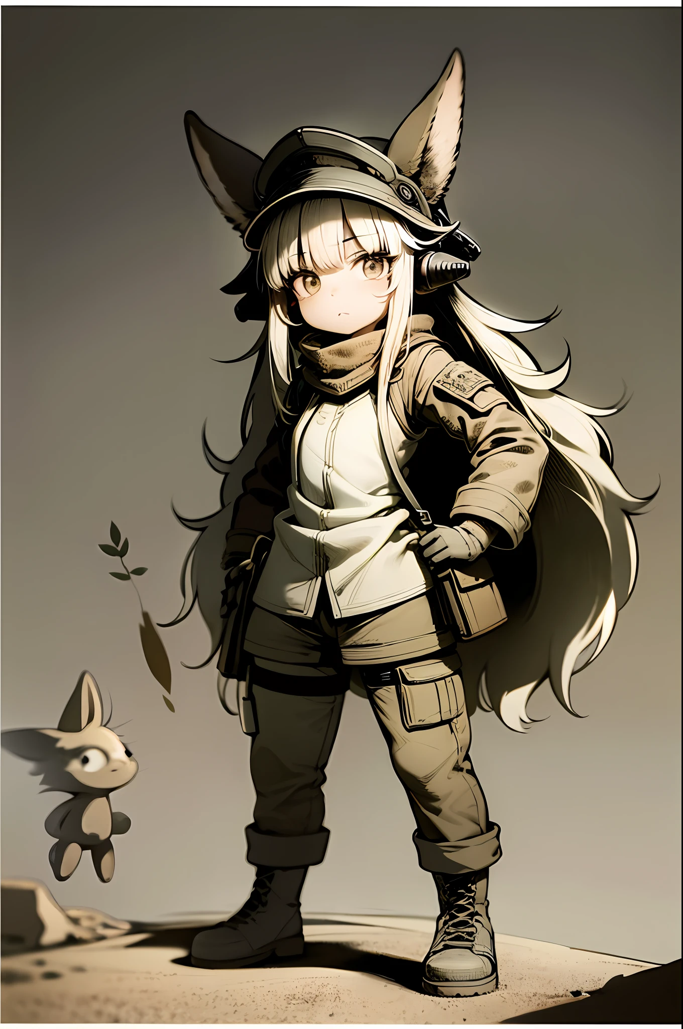 a 1girl, 独奏, Fluffy, Nanachi \(made in abyss\), nanachihat, Nanachipants, Standing, looking at the viewer, in military uniform, camo, Tactical uniforms, Desert camouflage, desert,