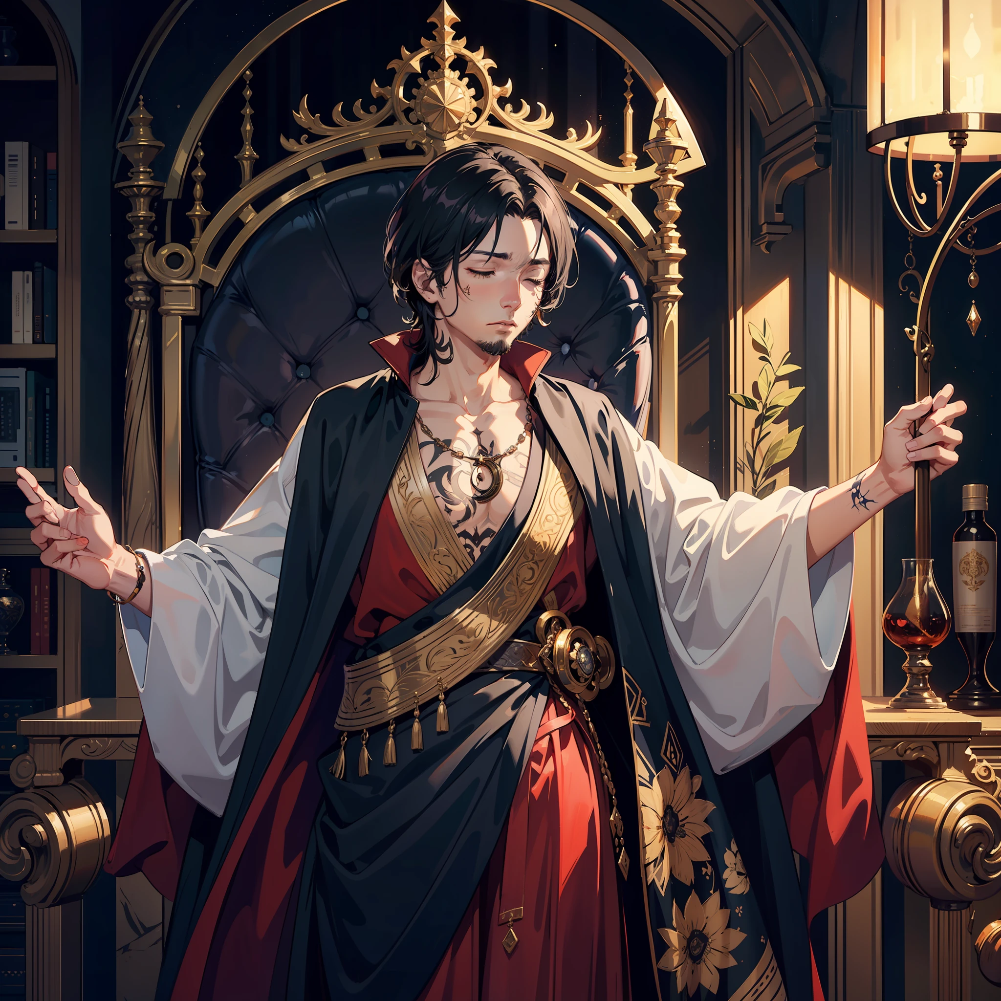 1boy,cloak,(the scars),muscular,facial hair,Tattoo,A lavish throne,sarong,spread arms,long hair,Black hair,looking down,solo,closed eyes,scar across eye,scar on cheek,
Highest quality, masterpiece, high resolution, original, extremely detailed 8K wallpaper, overexposure, masterpiece, highest quality, ray tracing, highest quality, masterpiece, original, exquisitely handsome, incredibly high resolution, rich colors, intricate and intricate details, ambient lighting, ray tracing,