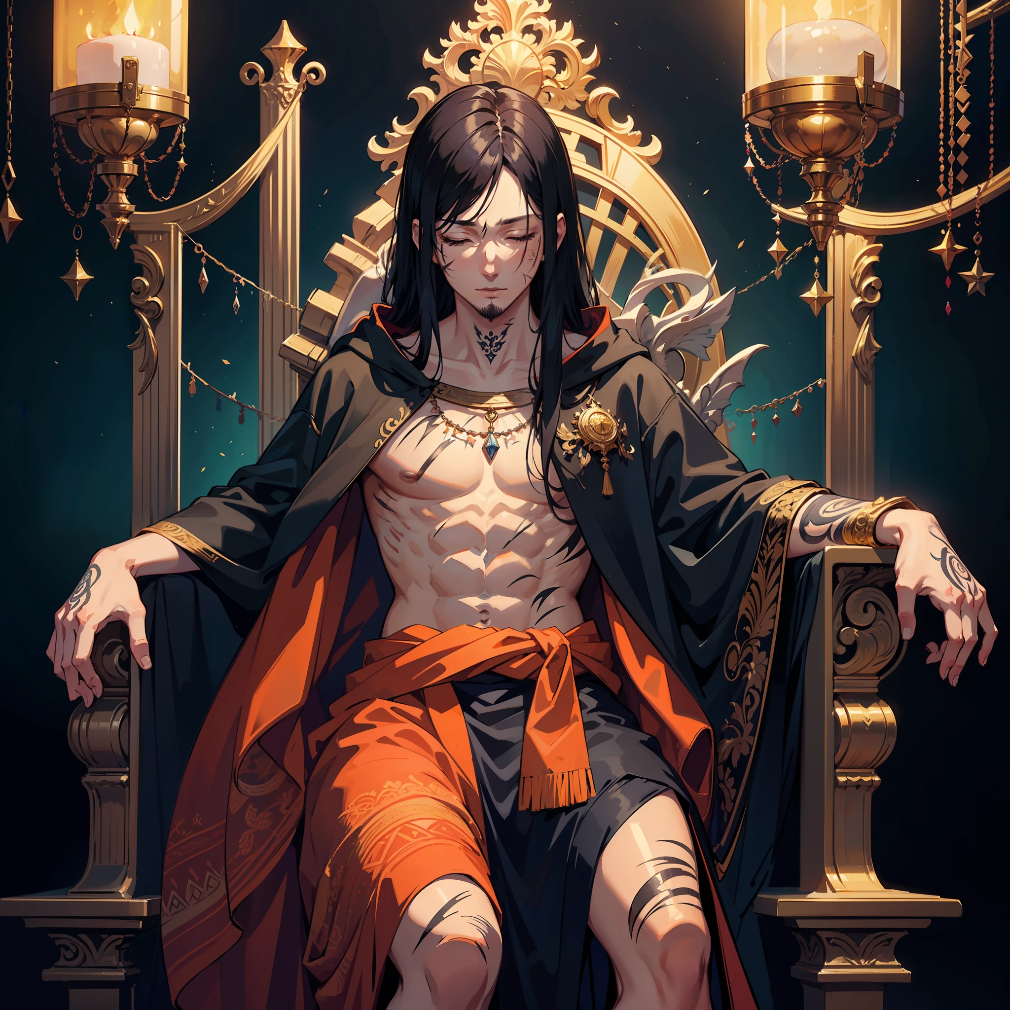 1boy,cloak,(the scars),muscular,facial hair,Tattoo,A lavish throne,sarong,spread arms,long hair,Black hair,looking down,solo,closed eyes,scar across eye,scar on cheek,
Highest quality, masterpiece, high resolution, original, extremely detailed 8K wallpaper, overexposure, masterpiece, highest quality, ray tracing, highest quality, masterpiece, original, exquisitely handsome, incredibly high resolution, rich colors, intricate and intricate details, ambient lighting, ray tracing,