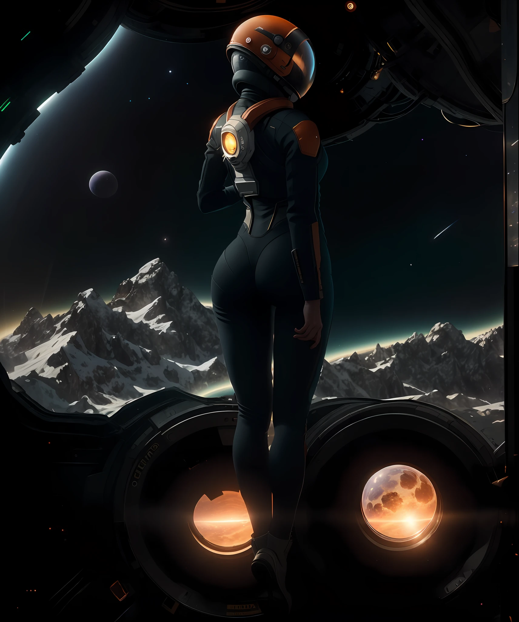 Highly detailed RAW color Photo, Rear Angle, Full Body, of (female space soldier, wearing orange and white space suit, helmet, tined face shield, rebreather, accentuated booty), outdoors, (looking up at advanced alien structure, on alien planet), toned body, big butt, (sci-fi), (mountains:1.1), (lush green vegetation), (two moons in sky:0.8), (highly detailed, hyperdetailed, intricate), (lens flare:0.7), (bloom:0.7), particle effects, raytracing, cinematic lighting, shallow depth of field, photographed on a Sony Alpha 1, 50mm wide angle lens, sharp focus, cinematic film still from Gravity 2013