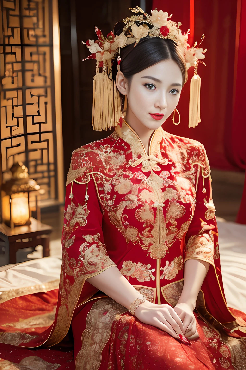 (ultra realistic 8k CG:1.2),perfect artwork,delicate pattern,intricate detail, (unparalleled masterpiece,best quality:1.2),(extremely intricate:1.2),a woman in a red and gold dress, Phoenix crown,hair stick,(sitting on red bed),Cosmetic,blush,shy,black_hair, looking down, Cosmetic,(forehead dot),(2 red candles), chinese_clothes, curtains, earrings, hair_ornament, hanfu, indoors, jewelry, red nails, long_sleeves, red dress, red lips, tassel, (Red quilt),(red palace:1.2),(ancient Chinese architecture),(red:1.8),night,cinamtic lighting,dark,