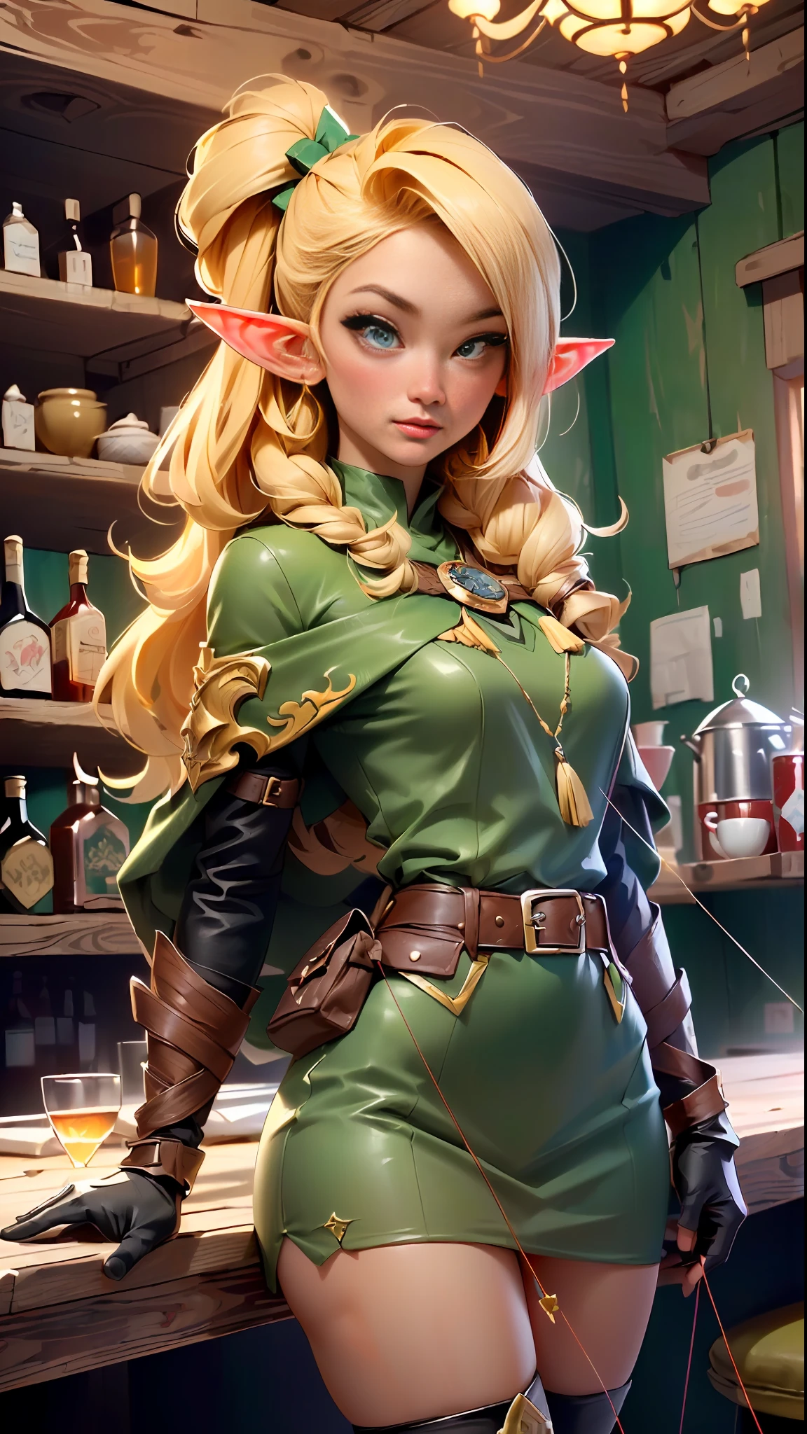 (skindentation:1.5), realistic, photorealistic, (masterpiece:1.5), concept art, intricate details, highly detailed, octane render, 8k, unreal engine, dynamic pose, best quality, highres, ((dramatic)), epic, depth of field, 8k, particles, (realistic face:1.1, hyperrealistic:1.1), ((1girl, close-up, medium breasts, perfect eyes, detailed eyes, high quality eyes, perfect face, high quality face, shiny skin:1.2, shiny face:1.2, embarrassed, blush:0.8, green eyes)), server, rustic tavern interior in background, pitcher, sign, jovial fantasy atmosphere, detailed background, blurry wooden bar table as foreground, (((elf, pointy ears, blonde hair, perfect hands))), ((archer, archery, extremely intricate cloak, leather armor, leather belt, boots, padded cloth, gloves, bracers, bow, quiver)), Full body, bow at back, arrow on the left hand.
