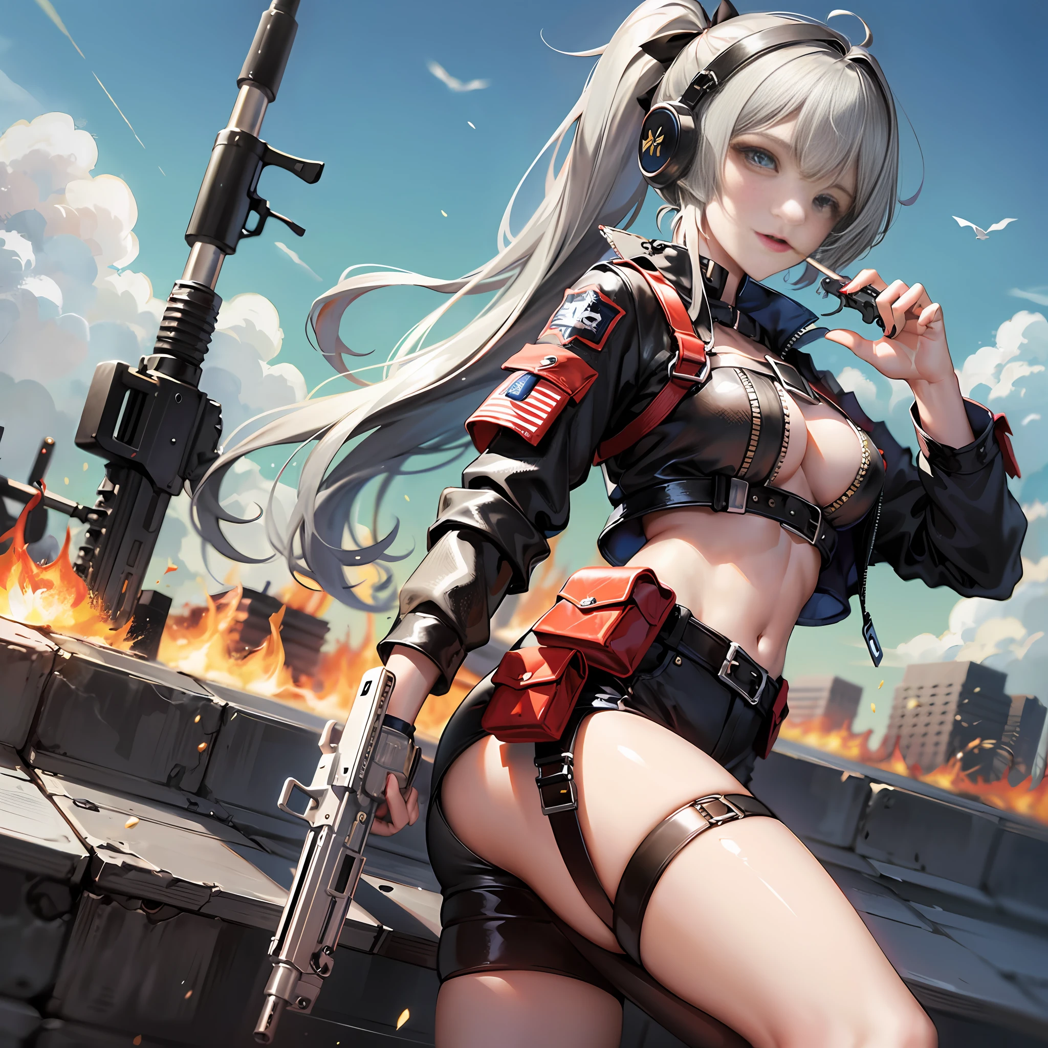 巨作, 最好质量, 1girl in, 独奏,poneyTail, Have a gun, Big guns, Sound collector,Military mini chest rig,Handgun rig pouch on thigh,Silver and black handgun storage,Gatling gun,Empty cartridge cases that fell around,A girl who loves a rotating six-barreled Gatling gun,Military clothing has many patches,Grab a cigar and aim,fire sparks,