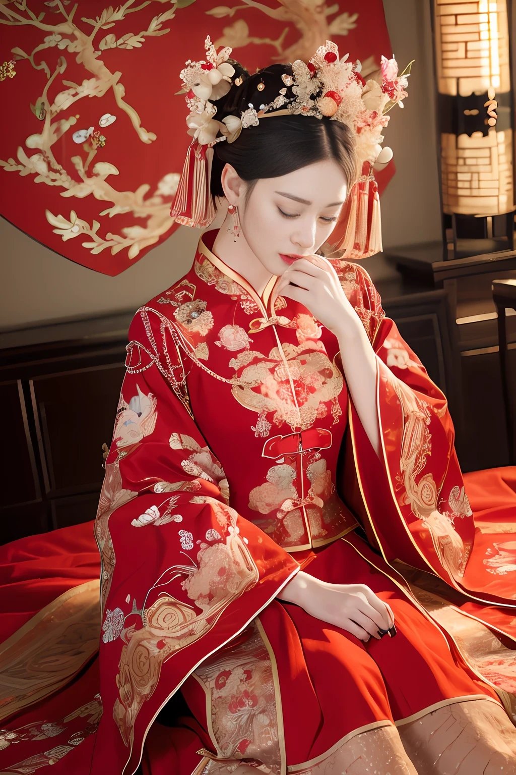 (ultra realistic 8k CG:1.2),perfect artwork,delicate pattern,intricate detail, (unparalleled masterpiece,best quality:1.2),(extremely intricate:1.2),a woman in a red and gold dress, Phoenix crown,hair stick,(sitting on red bed),Cosmetic,blush,shy,black_hair, looking down, Cosmetic,(forehead dot),(2 red candles), chinese_clothes, curtains, earrings, hair_ornament, hanfu, indoors, jewelry, red nails, long_sleeves, red dress, red lips, tassel, (Red quilt),(red palace:1.2),(ancient Chinese architecture),(red:1.8),night,cinamtic lighting,dark,
