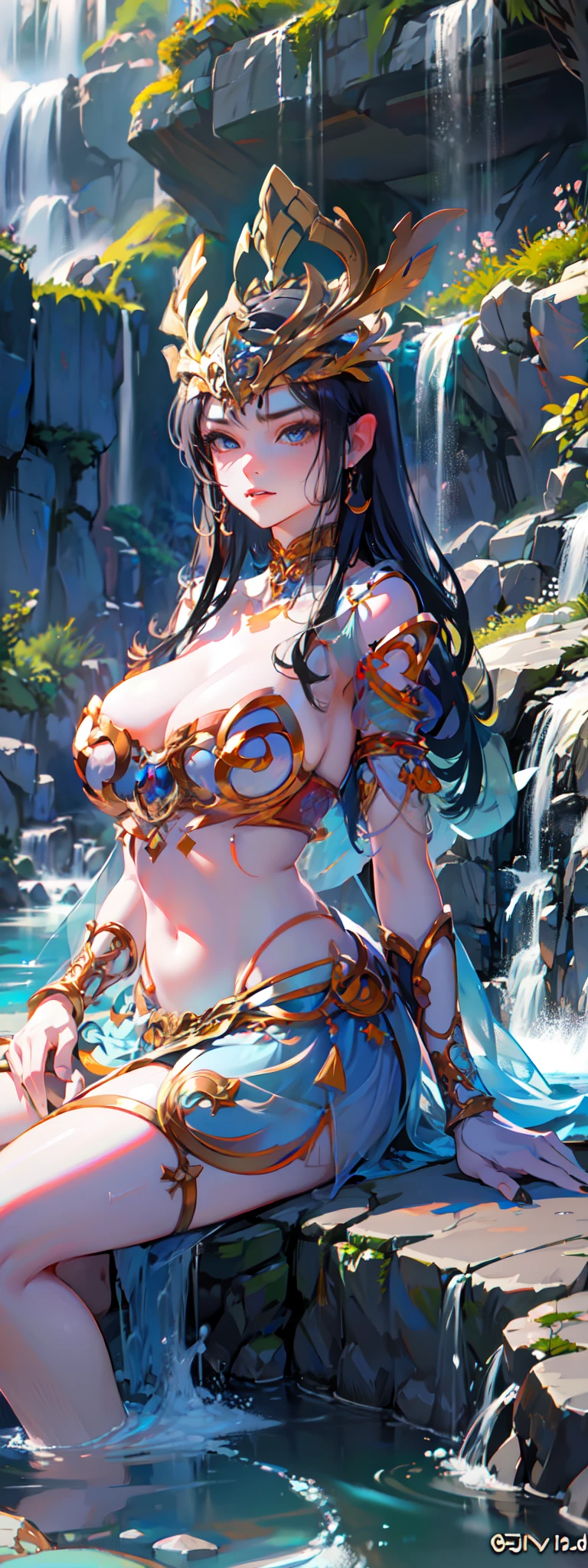 araffe woman in blue dress sitting on rock near a waterfall, photorealistic perfect body, goddess of Japan, seductive anime girls, hyperrealistic full figure, beautiful and seductive anime woman, trending at cgstation, Realistic young gravure idol, Breasts are large, realistic sensual gravure idol, beautiful goddess, Sexy girl, trending on cgstation, realistic shaded perfect body