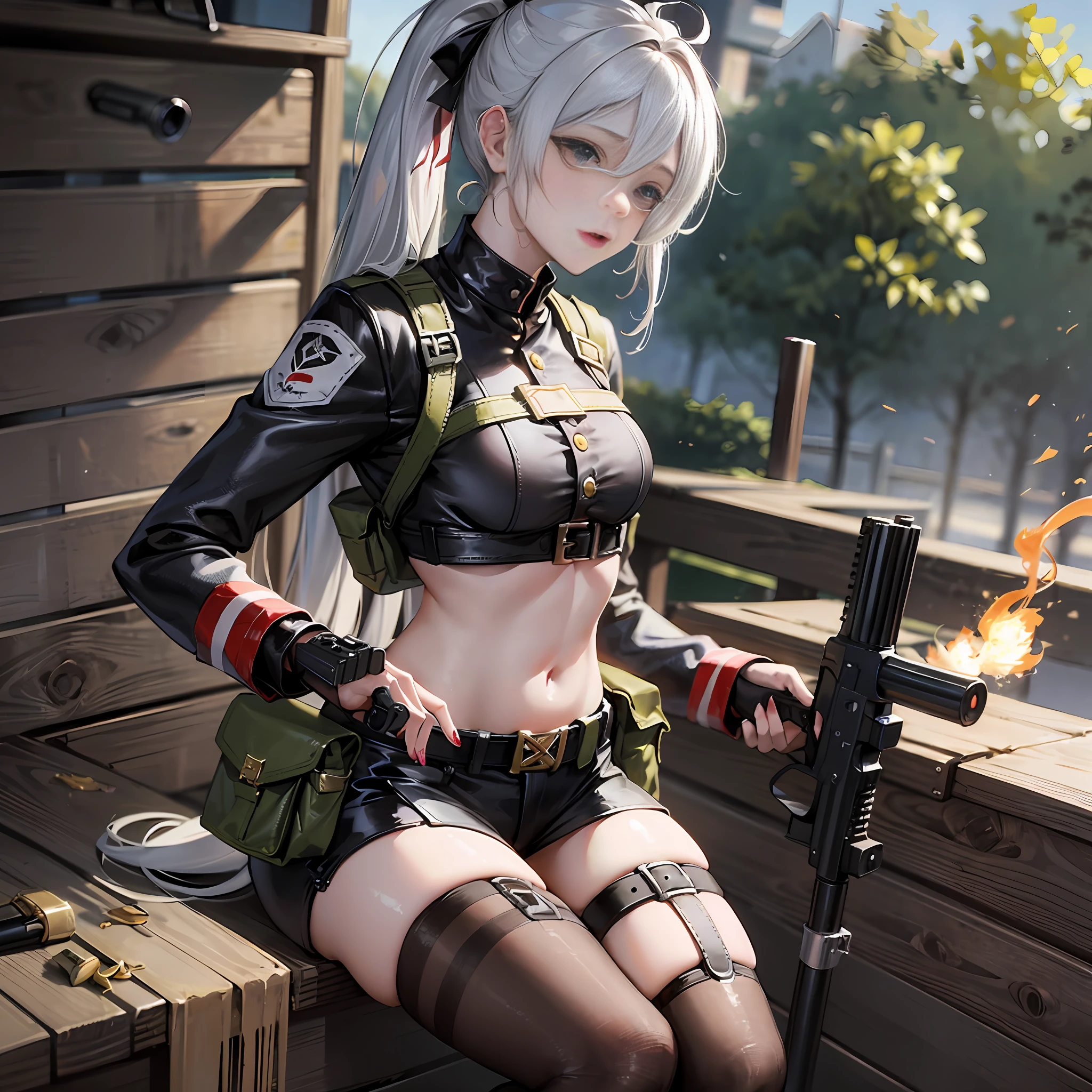 巨作, 最好质量, 1girl in, 独奏,poneyTail, Have a gun, Big guns, Sound collector,Military mini chest rig,Handgun rig pouch on thigh,Silver and black handgun storage,Gatling gun,Empty cartridge cases that fell around,A girl who loves a rotating six-barreled Gatling gun,Military clothing has many patches,Grab a cigar and aim,fire sparks,