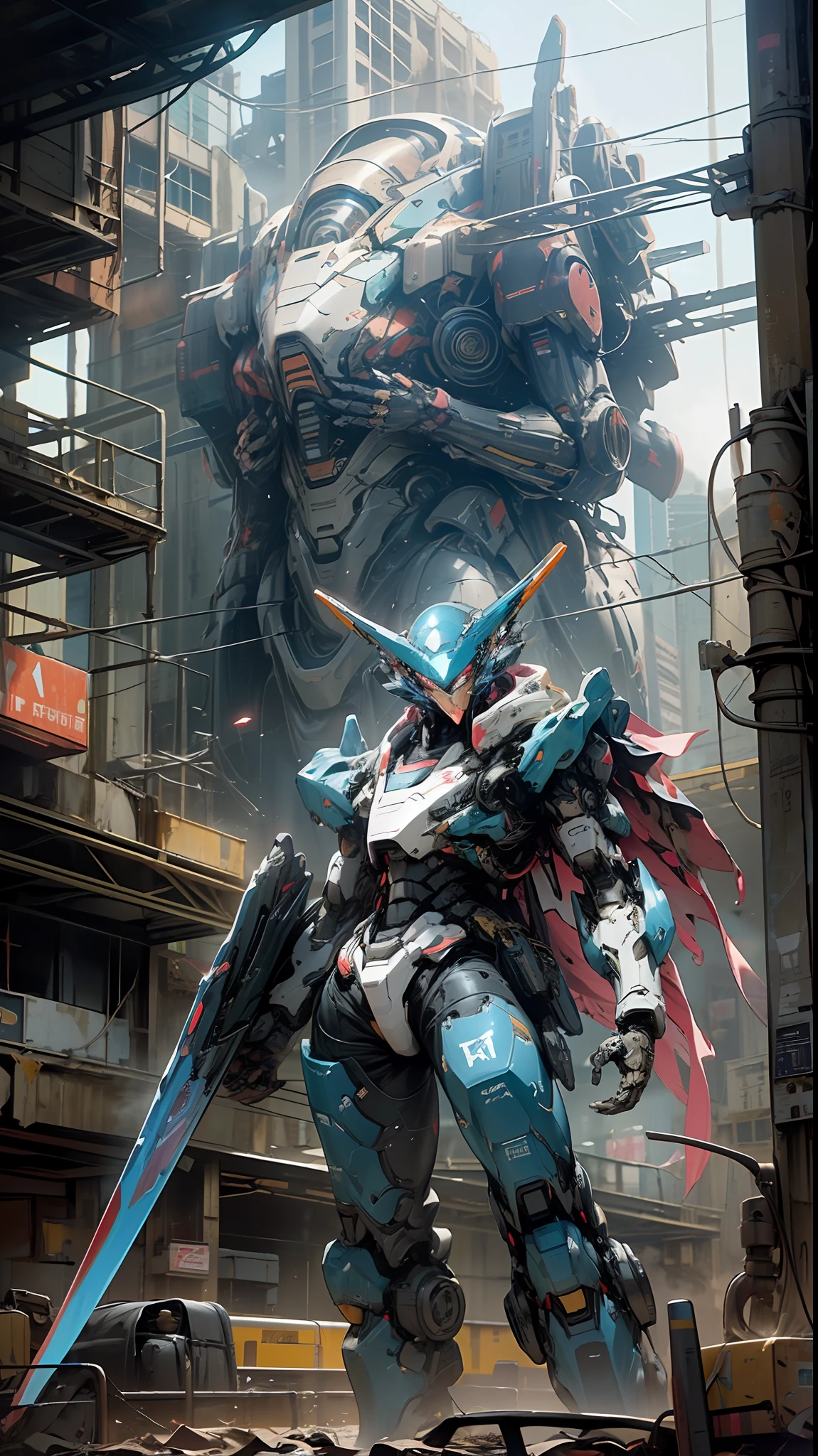 ((Best quality)), ((masterpiece)), (highly detailed:1.3), 3D, beautiful, (cyberpunk:1.2), in space, nebula, holding_weapon, (1Female mecha:1.3), facing the viewer, glowing eyes, full body, (flying, swooping down, dynamic, motion blur: 1.4), (huge mecha wings: 1.6), looking up, glowing_eyes, mecha, panorama, background is earth, nebula, space, particles, reality, HDR (High Dynamic Range), Ray Tracing, NVIDIA RTX, Super Resolution, Unreal 5, Subsurface Scattering, PBR Texturing, Post Processing, Anisotropic Filtering, Depth of Field, Maximum Clarity and Clarity, Multilayer Textures, Albedo and Specular map, Surface shading, accurate simulation of light-material interaction, perfect proportion, Octane Render, two-tone lighting, large aperture, low ISO, white balance, rule of thirds, 8K RAW, efficient sub-pixel, sub-pixel convolution,