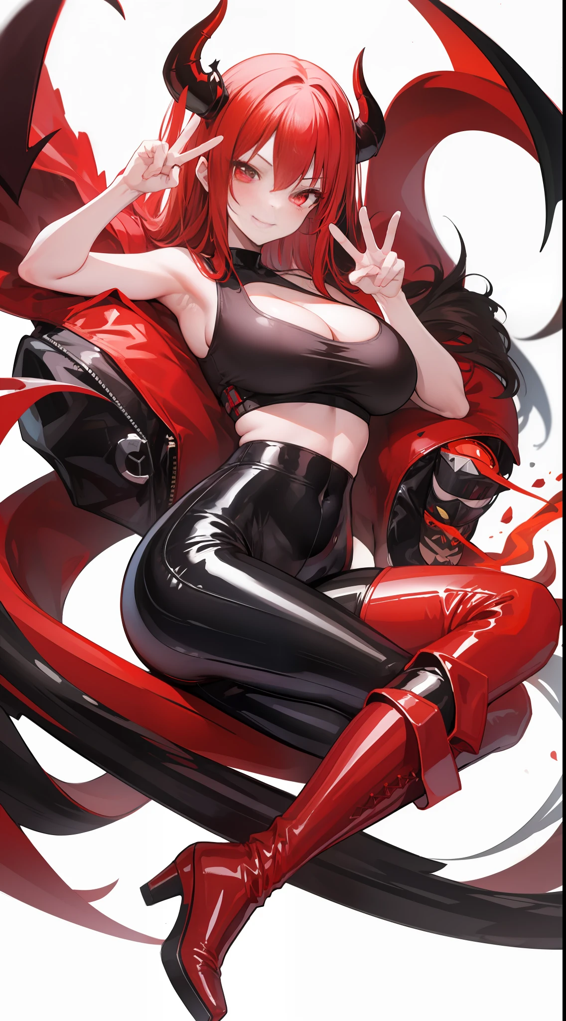 (masterpiece, best quality), asmodeus, red glowing eyes, tight black sexy tanktop latex and black hot latex pants, wearing red boots, cleavage, big breast, smirk, blushing, peace pose, girl, sexy, proportional body, only character, white background, full appearance from head to boots