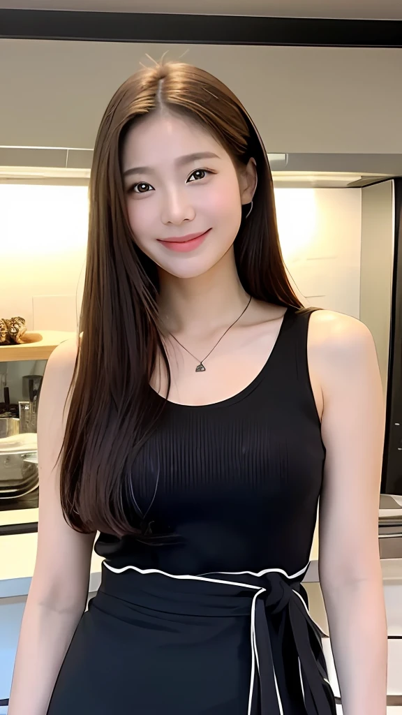 (最好质量、8k、巨作:1.3)、Beautiful Women in Perfect Figure:1.4、dark brown hair、Wearing a pendant、extremely detailed face and skin、detailed eye、双眼皮、big tit、a smile、in the cafe、Tank tops, whole body , Mini skirt