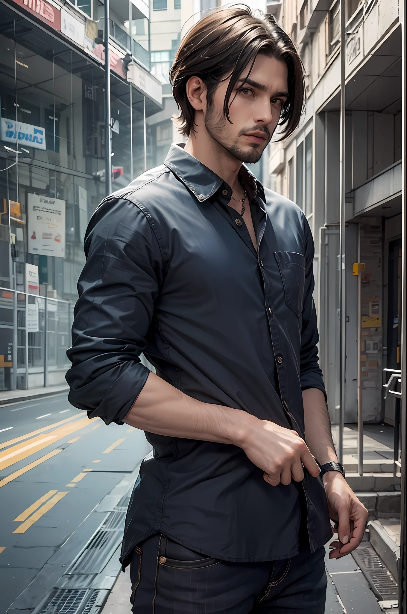 obra-prima, realista, 8k, (1homem:1.3), camisa azul, (cabelo preto:1.3) , cabelo curto,), masculine,