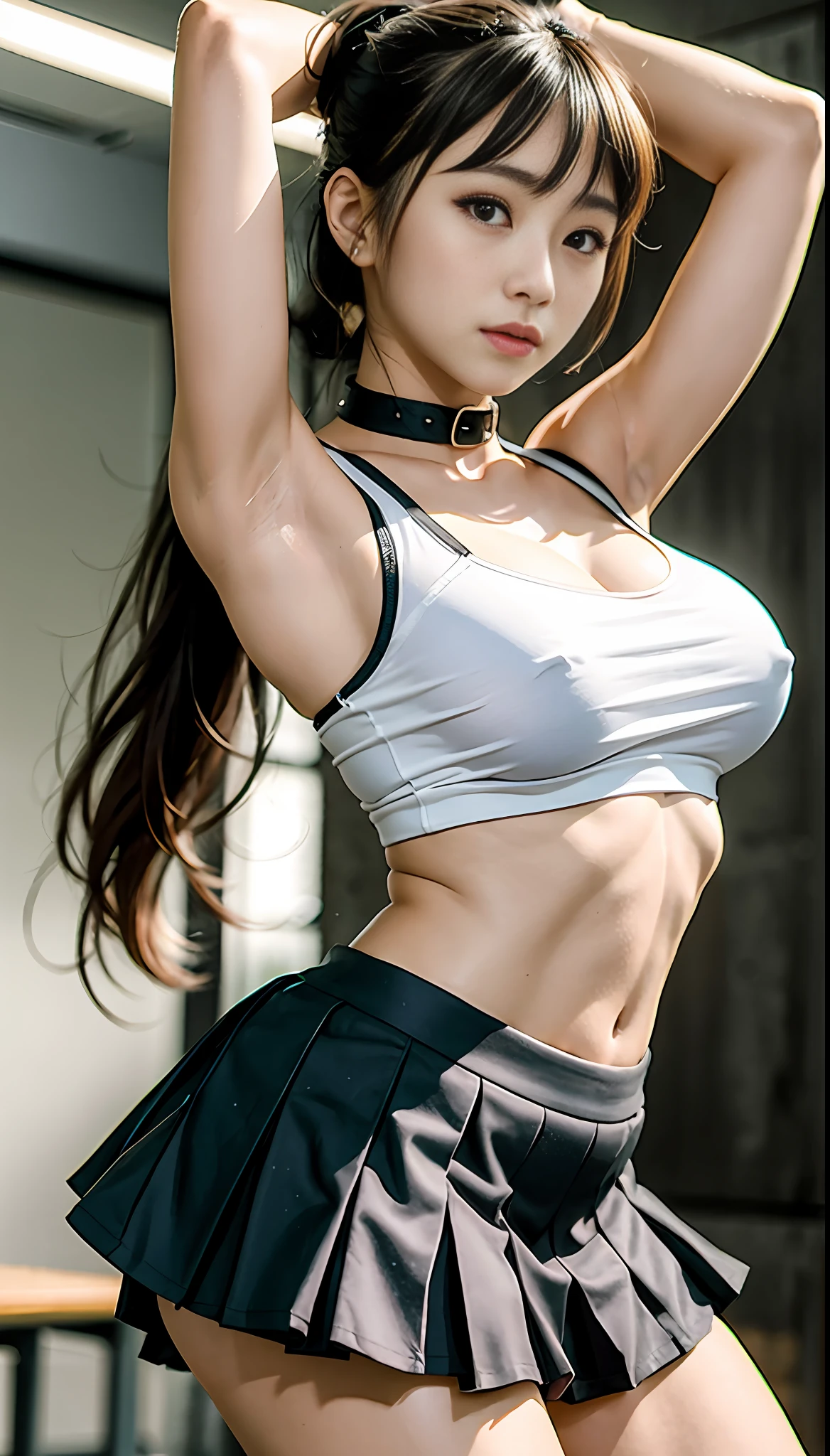 最好质量, Master masterpiece, alto_res, 1 girl, Beautiful face, photographrealistic, Rim lighting, (High detailed skin:1.2), 8K UHD, DSLR, highly quality, Hi-Def, 4 k, 8K, bokeh feeling, big tit, absurdist, Maximum ratio 4 fingers 1 thumb, Thin, Japan High School Girl、poneyTail, Glossy fabric that reflects only the upper body, Thin and huge、Miniskirt school uniform、Nasty woman、Navel dashi、Trained arms and abs、Muscler、macho、Hands folded behind the head、Show off your armpits、Miniskirt school uniform、Miniskirts for school uniforms、chest protruded、The skirt is all rolled up.Sleeveless、Coming to jump on me