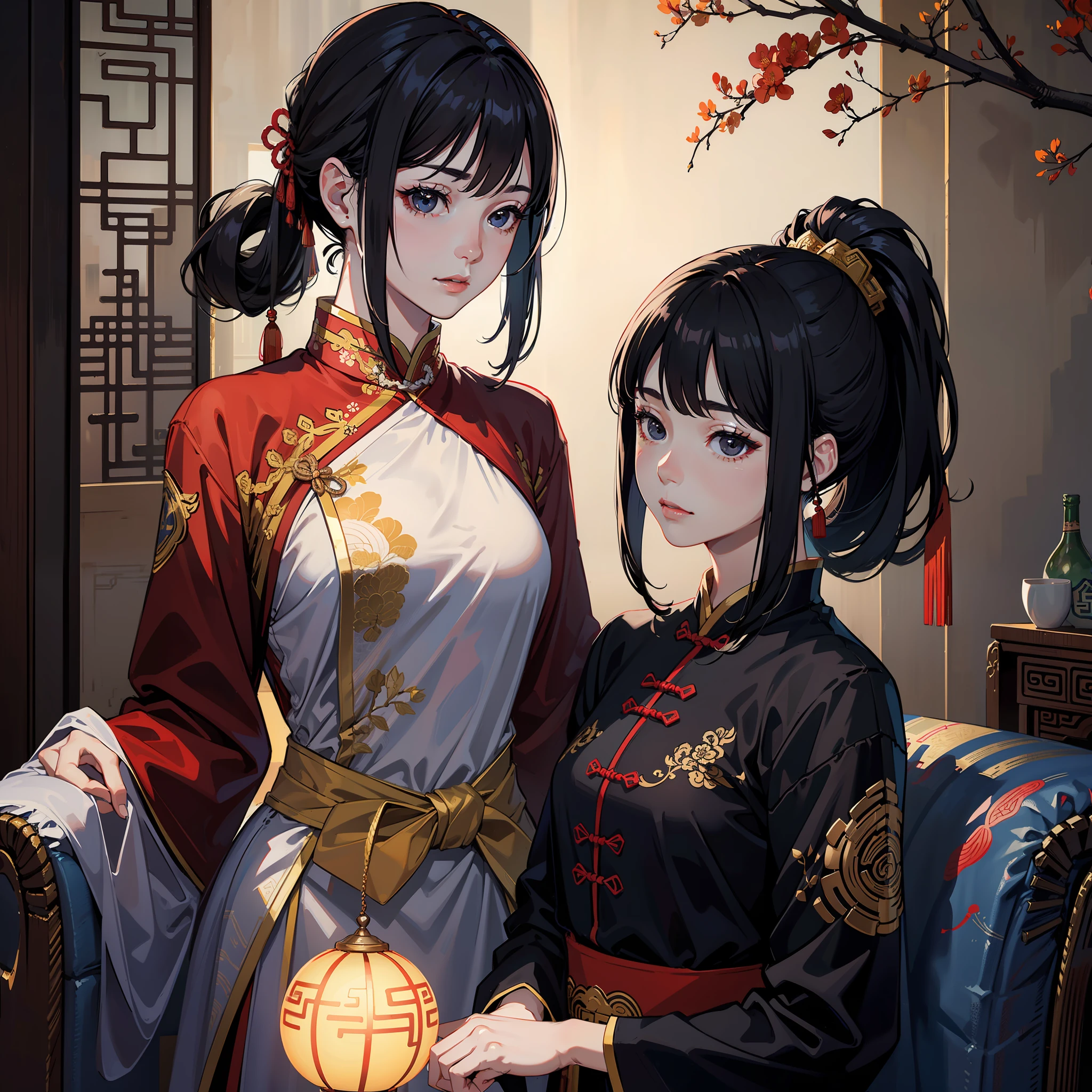 (photorealistic:1.3),masterpiece,best quality,highres,
(1girl),young,medium shot,black hair,bangs,ponytail,shiny hair,black eyes,(black ancient chinese traditional clothes),shiny skin,pale face,
ancient chinese background,