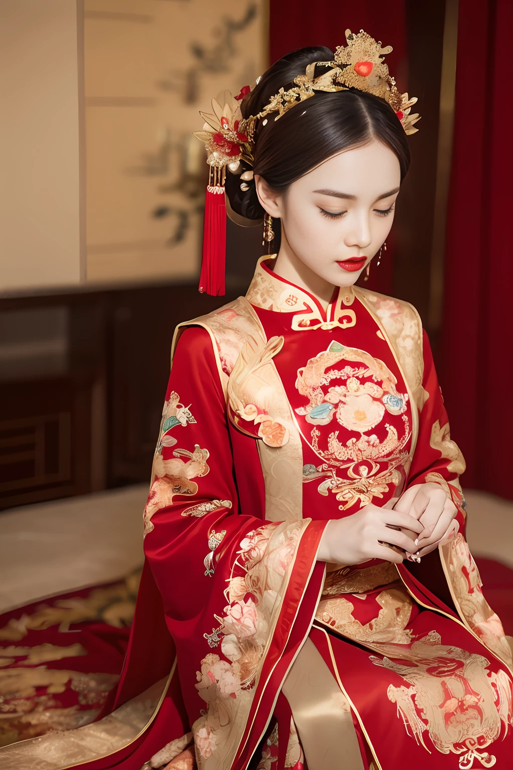 (Ultra-realistic 8k CG: 1.2), perfect artwork, delicate patterns, intricate details, (unparalleled masterpiece, best quality: 1.2), (extremely complex: 1.2), a woman in a red and gold dress, phoenix crown, hair stick, (sitting on a red bed), makeup, blush, shyness, black_hair, looking down, cosmetics, (forehead point), (2 red candles), Chinese_clothes, curtains, earrings, hair_ornament,hanfu, interior, jewelry, red nails, long_sleeves, red dress, red lips, tassels, (red quilt), (red palace: 1.2), (ancient Chinese architecture), (red: 1.8), night