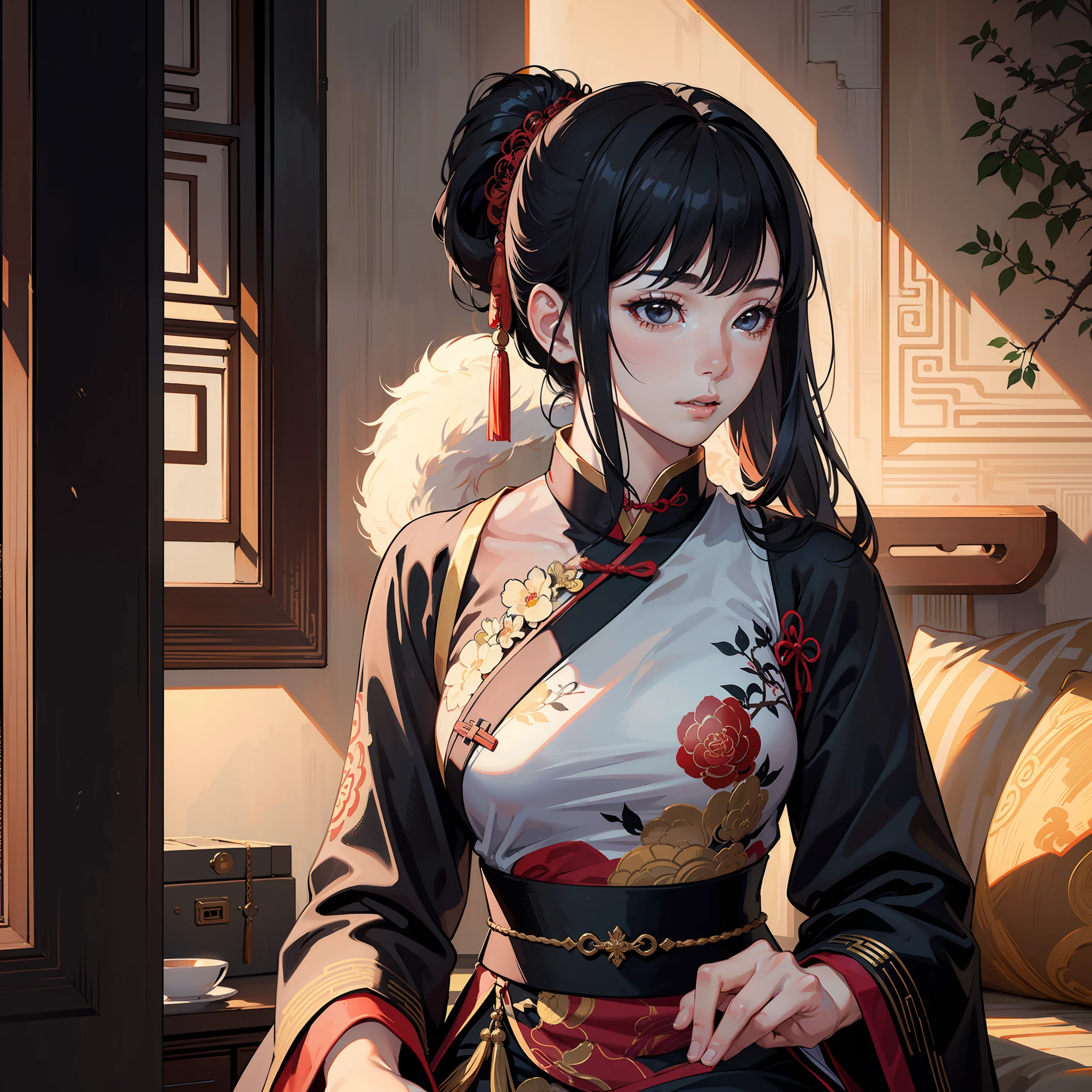 (photorealistic:1.3),masterpiece,best quality,highres,
(1girl),young,medium shot,black hair,bangs,ponytail,shiny hair,black eyes,(black ancient chinese traditional clothes),shiny skin,pale face,
ancient chinese background,